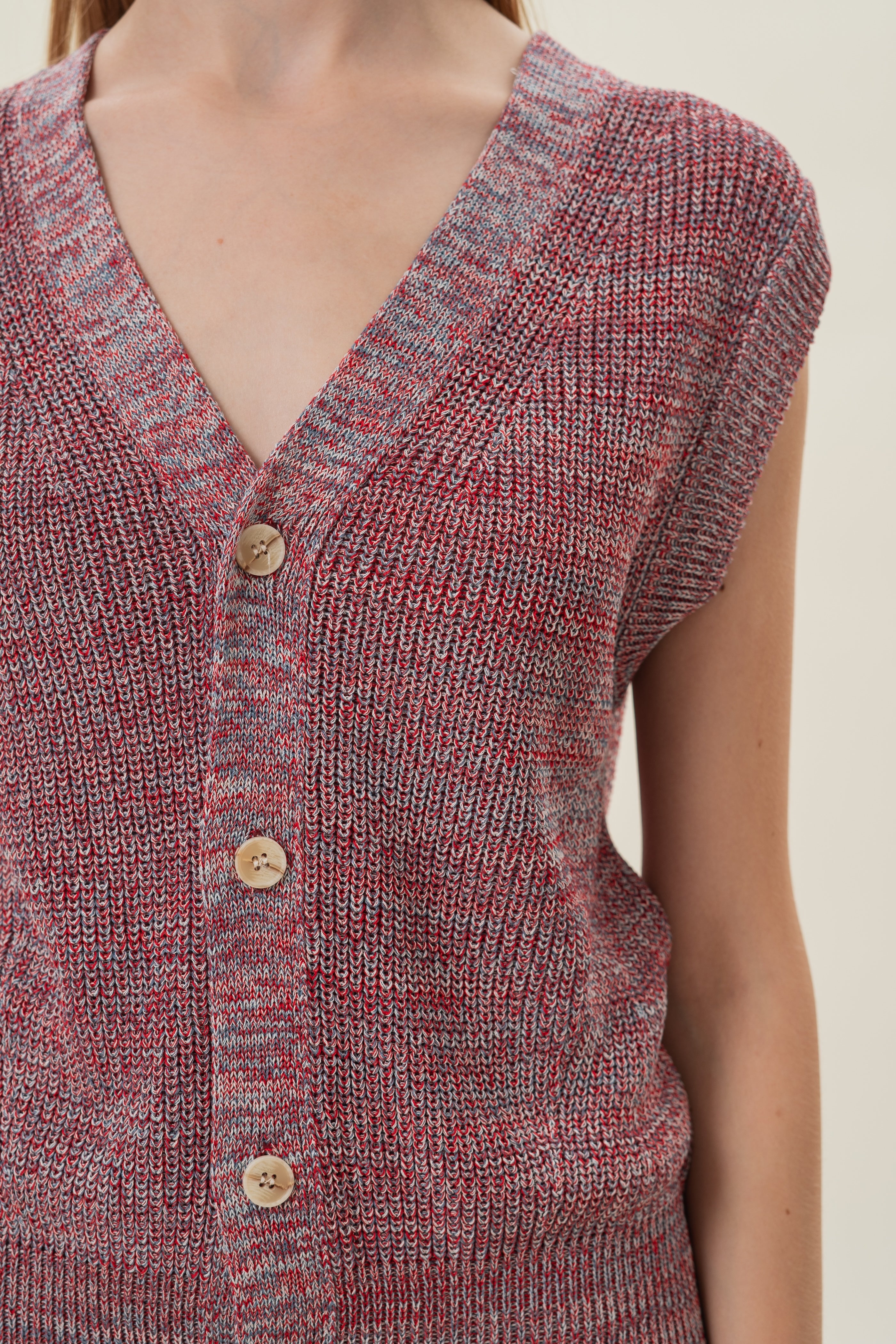Button Melange Knit Vest in Red Valley