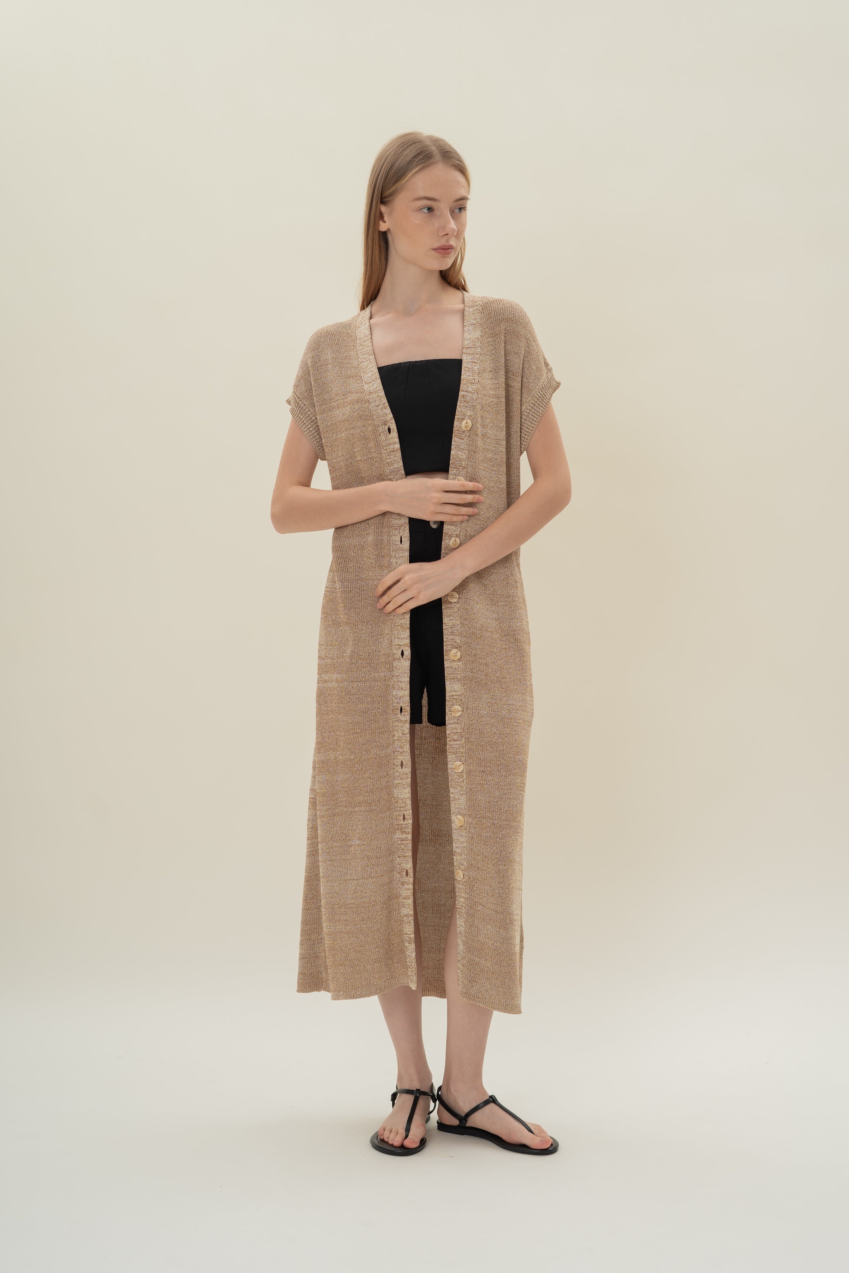Button Front Melange Knit Dress in Sand Dunes