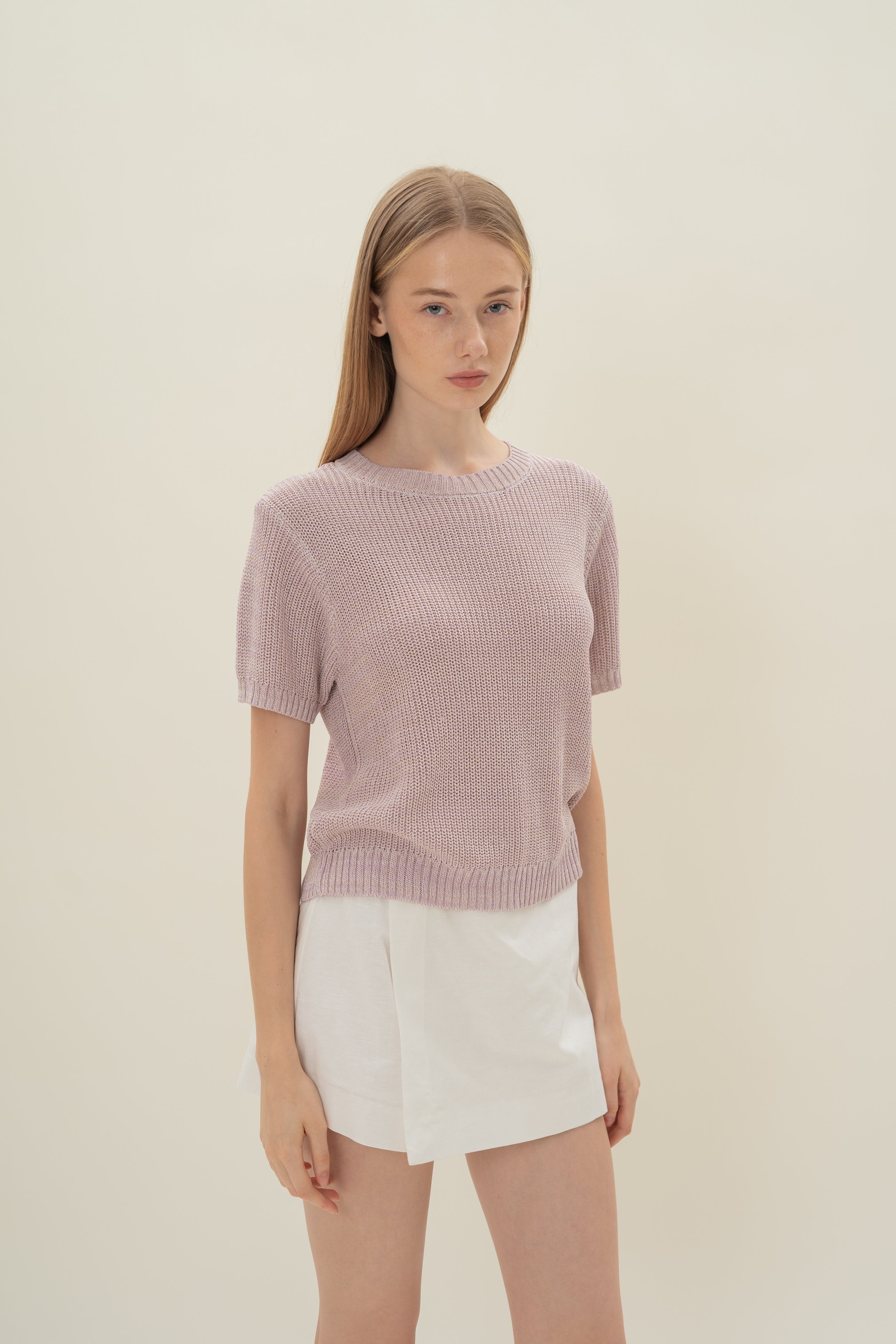 Round Neck Melange Knit Top in Lavender Mist