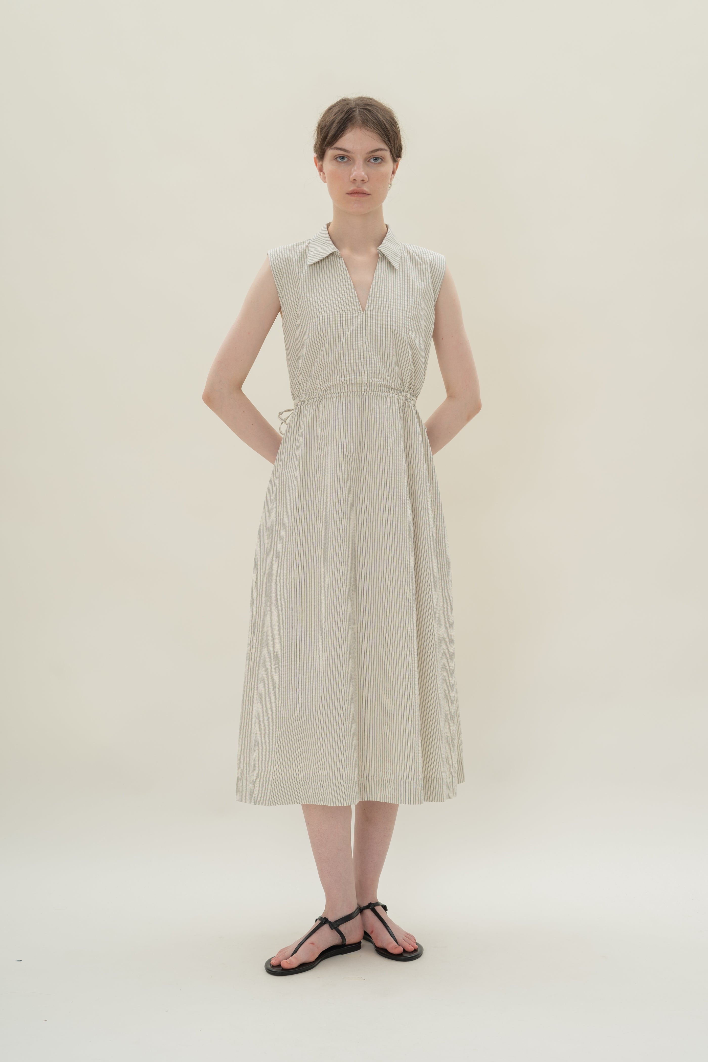 Collared Dress With Cut-Out in Seersucker Blue Stripes