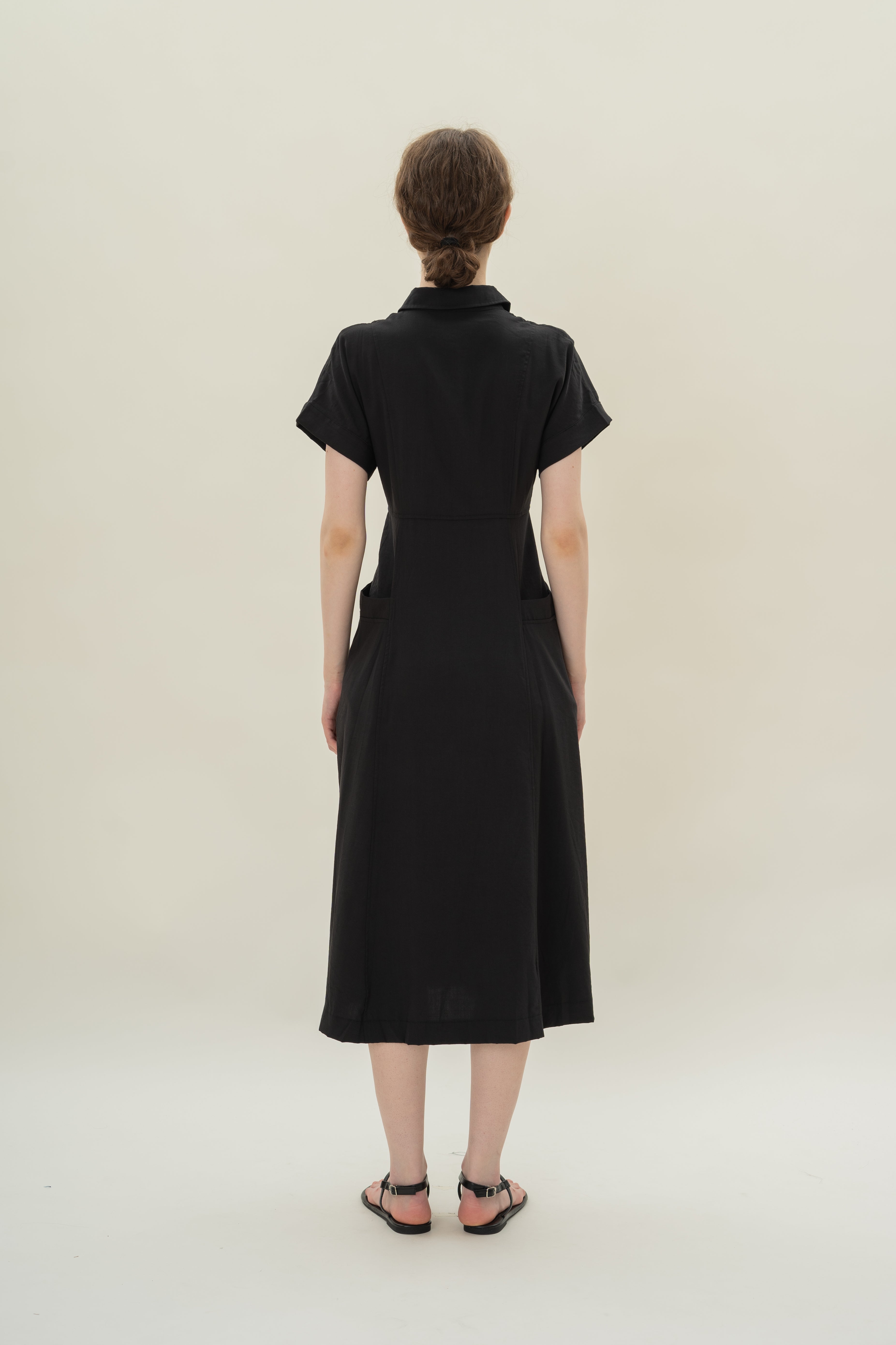 A-line Shirt Dress with Pockets in Black