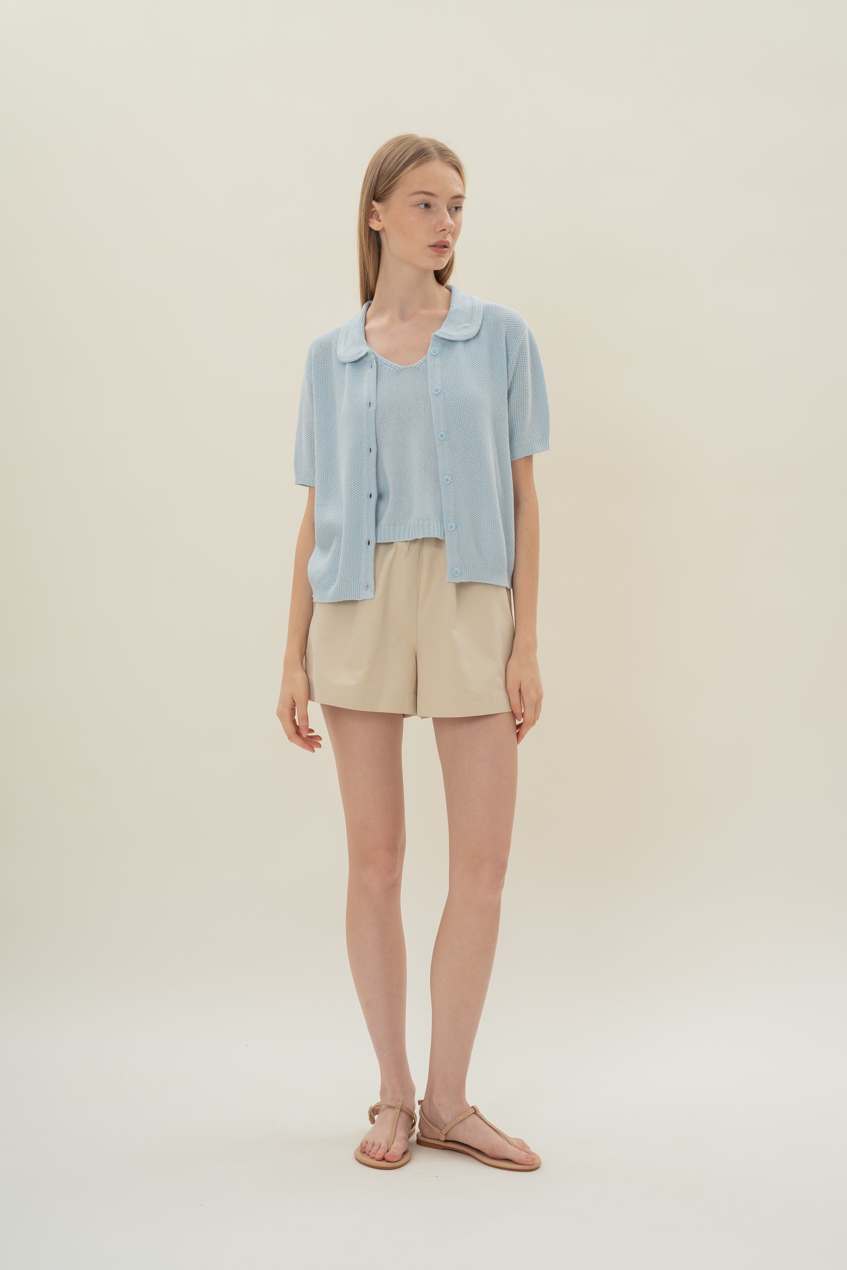 Loose Knit Collared Top in Lake Blue