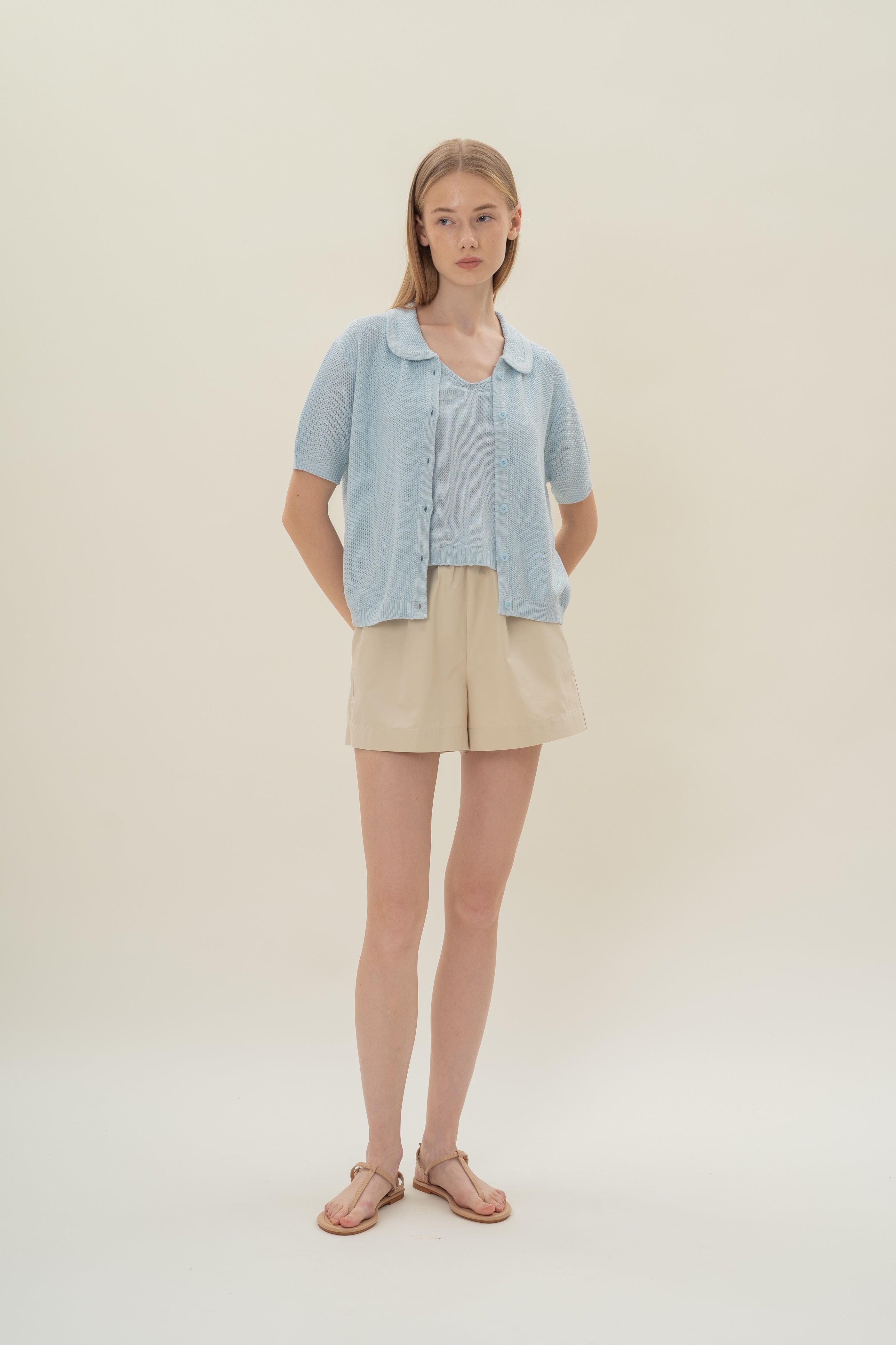 Loose Knit Collared Top in Lake Blue