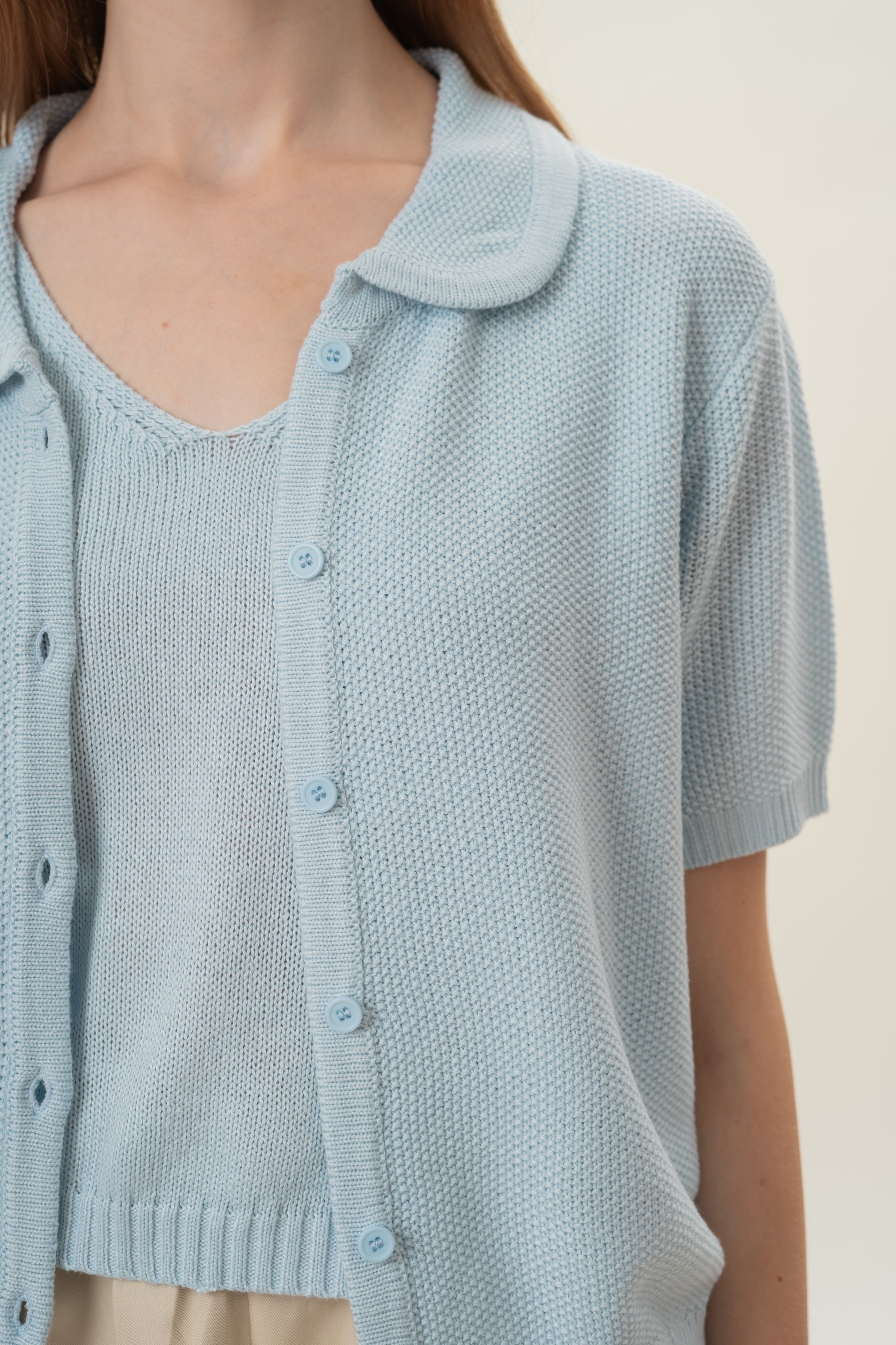 Loose Knit Collared Top in Lake Blue