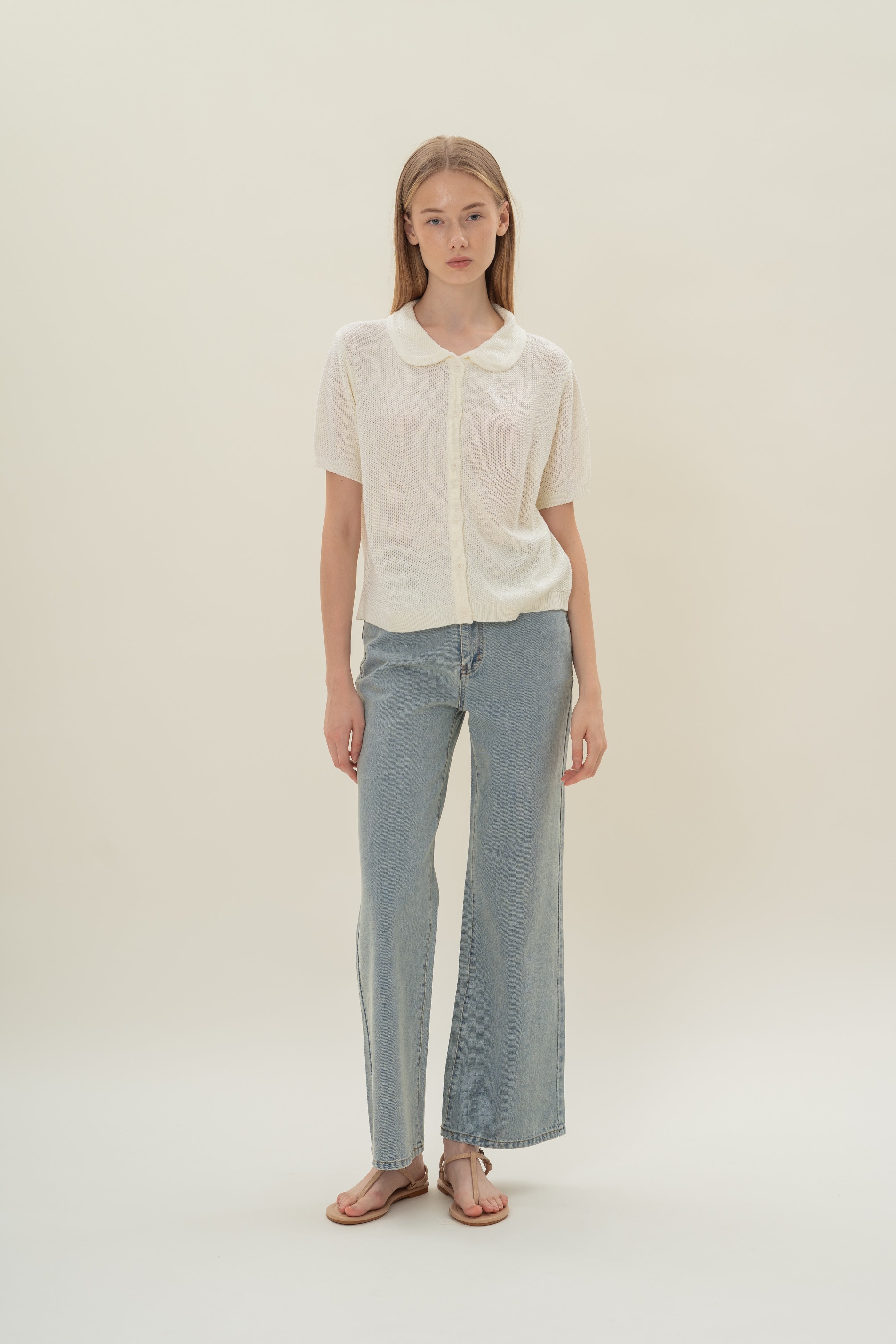 Loose Knit Collared Top in White