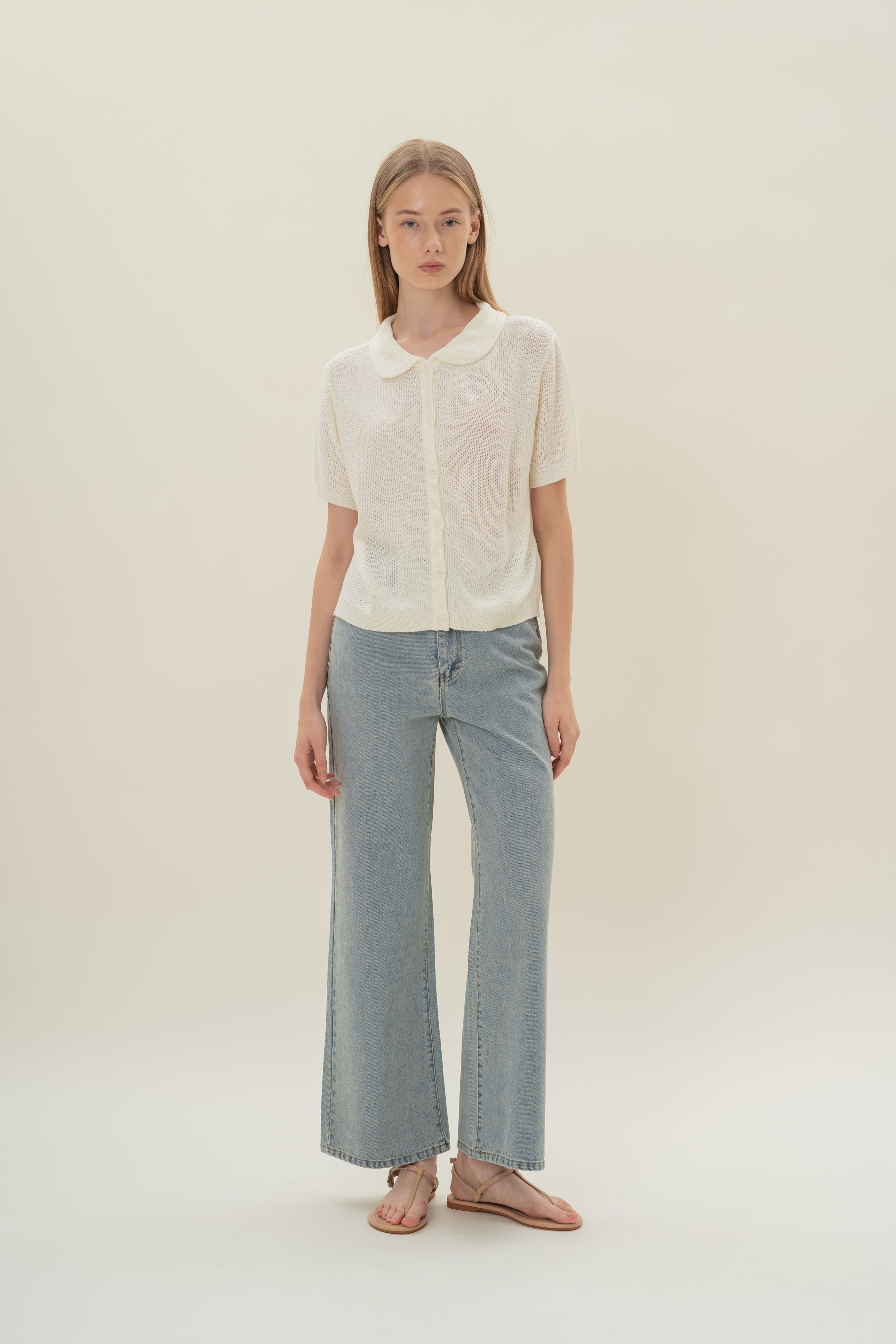 Loose Knit Collared Top in White
