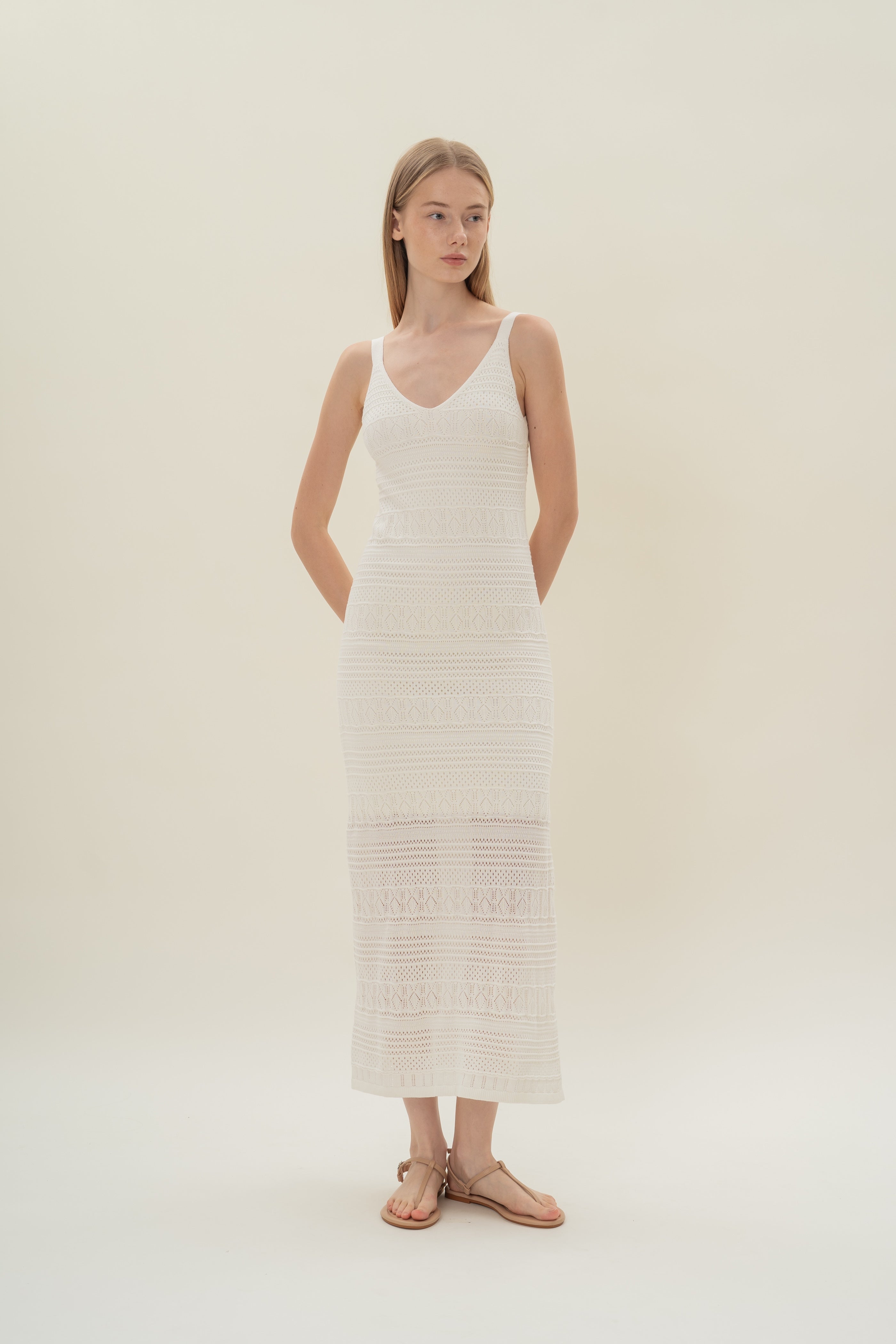 Knit V-Neck Dress in Crochet