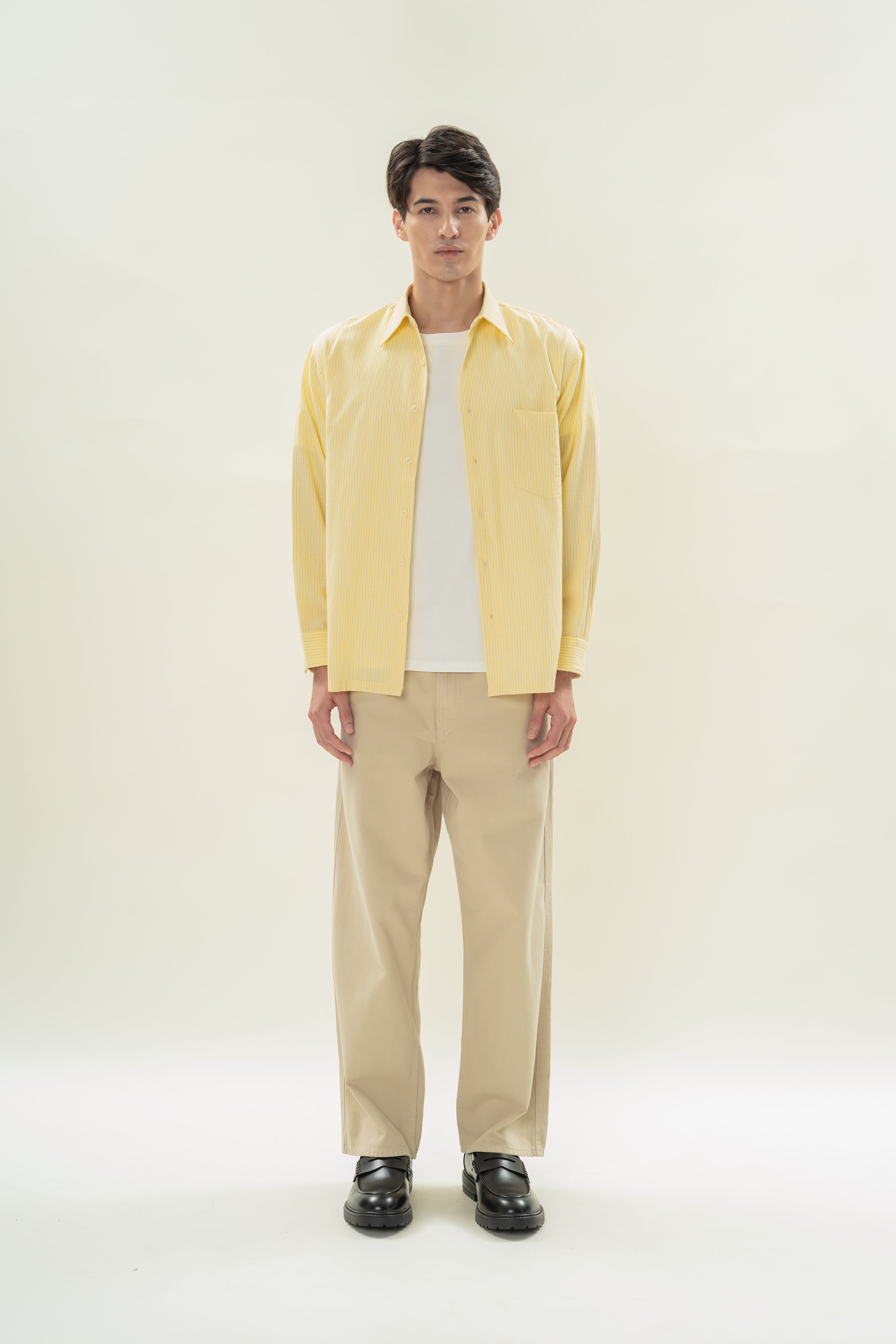 Men's Linen Blend Long Sleeved Shirt in Lemon Stripes