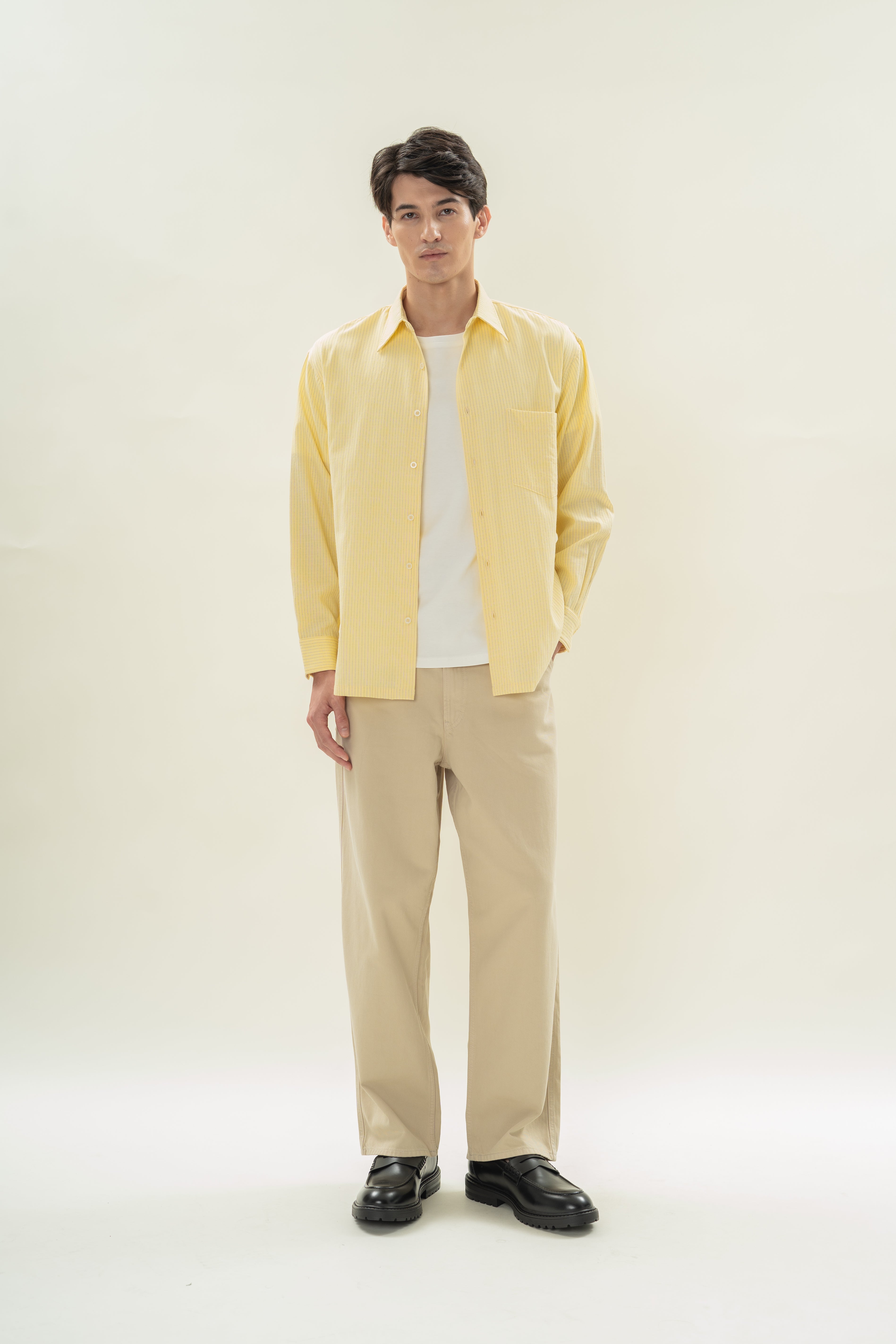 Men's Linen Blend Long Sleeved Shirt in Lemon Stripes