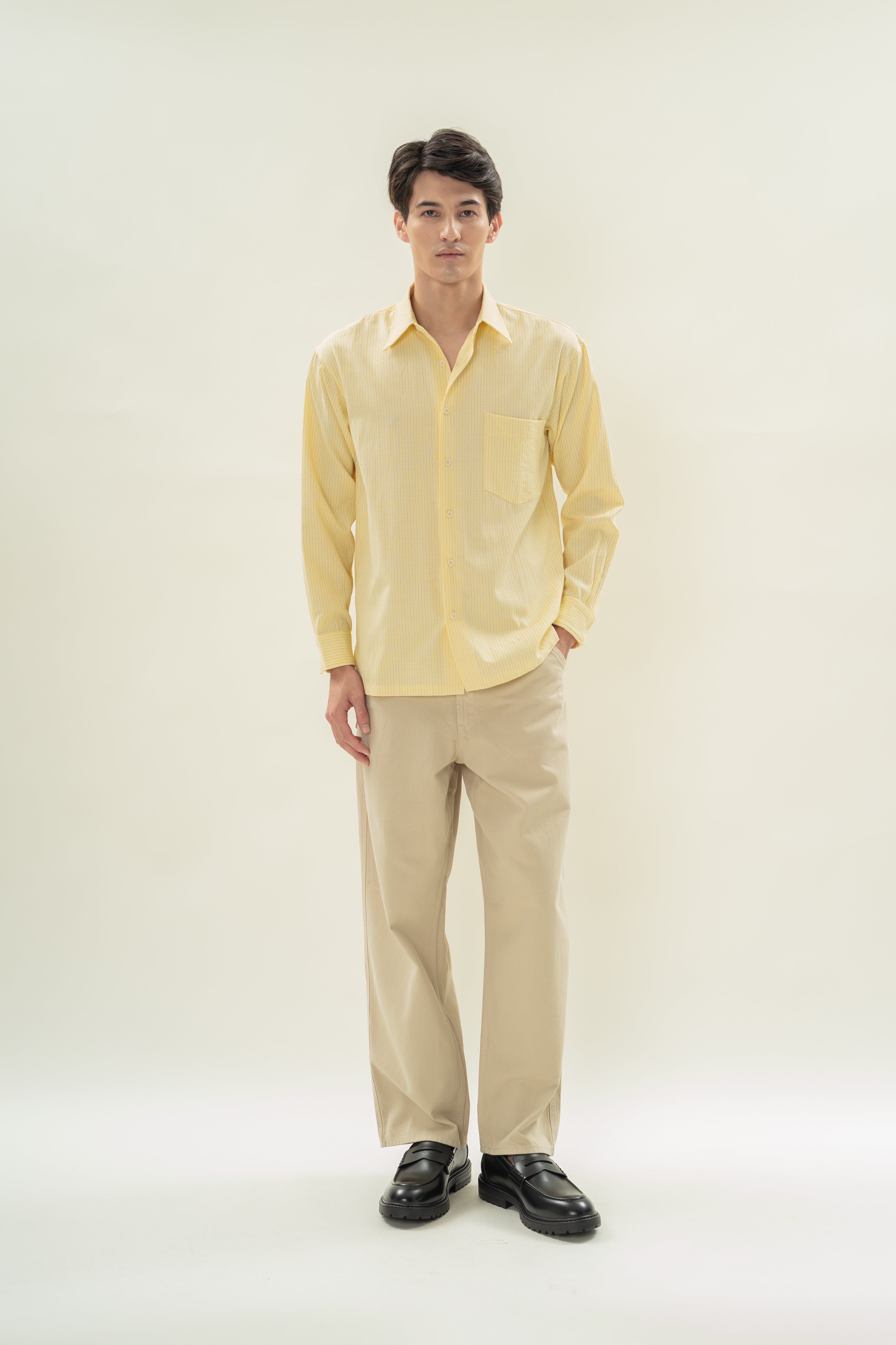 Men's Linen Blend Long Sleeved Shirt in Lemon Stripes