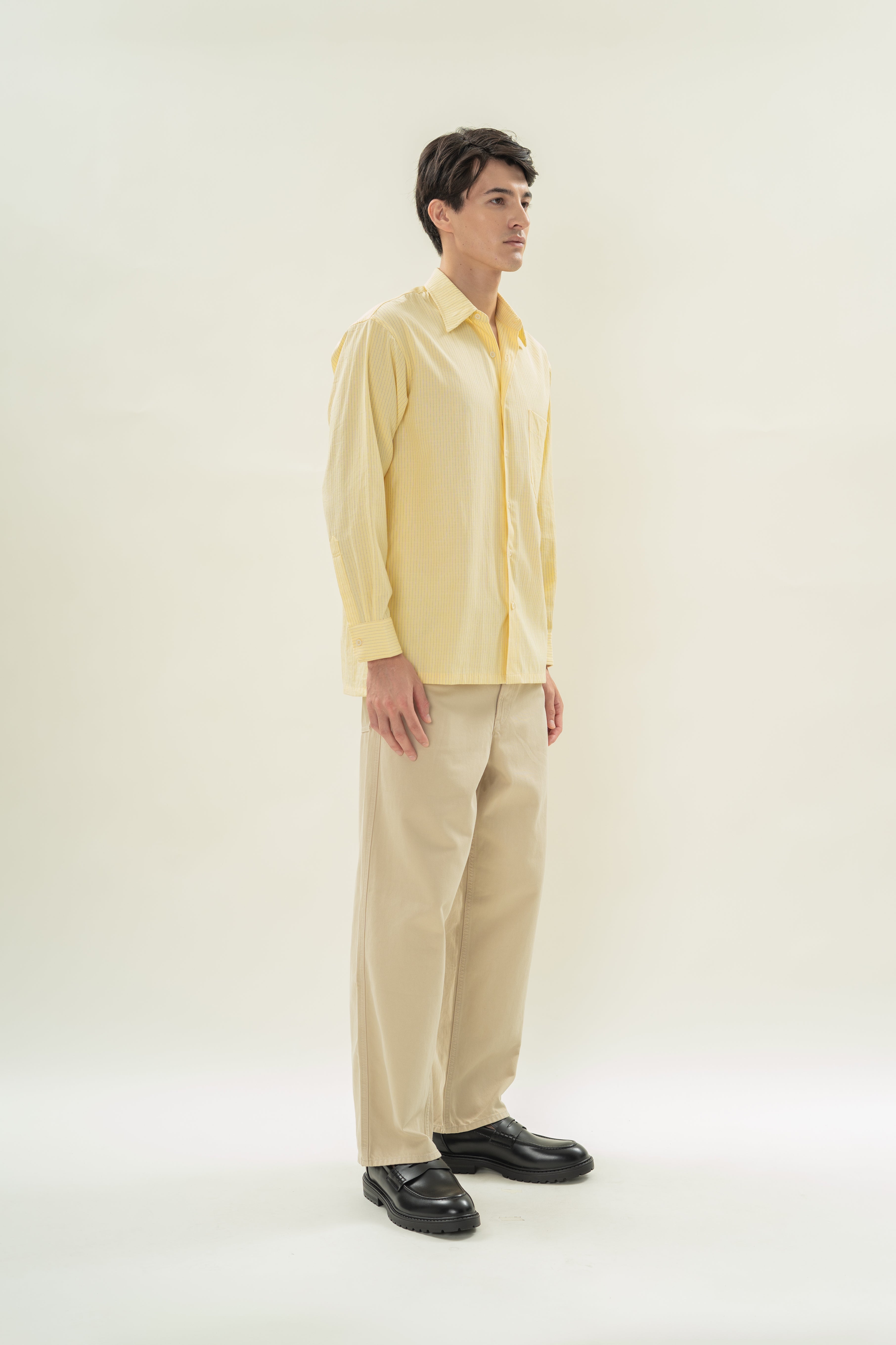 Men's Linen Blend Long Sleeved Shirt in Lemon Stripes