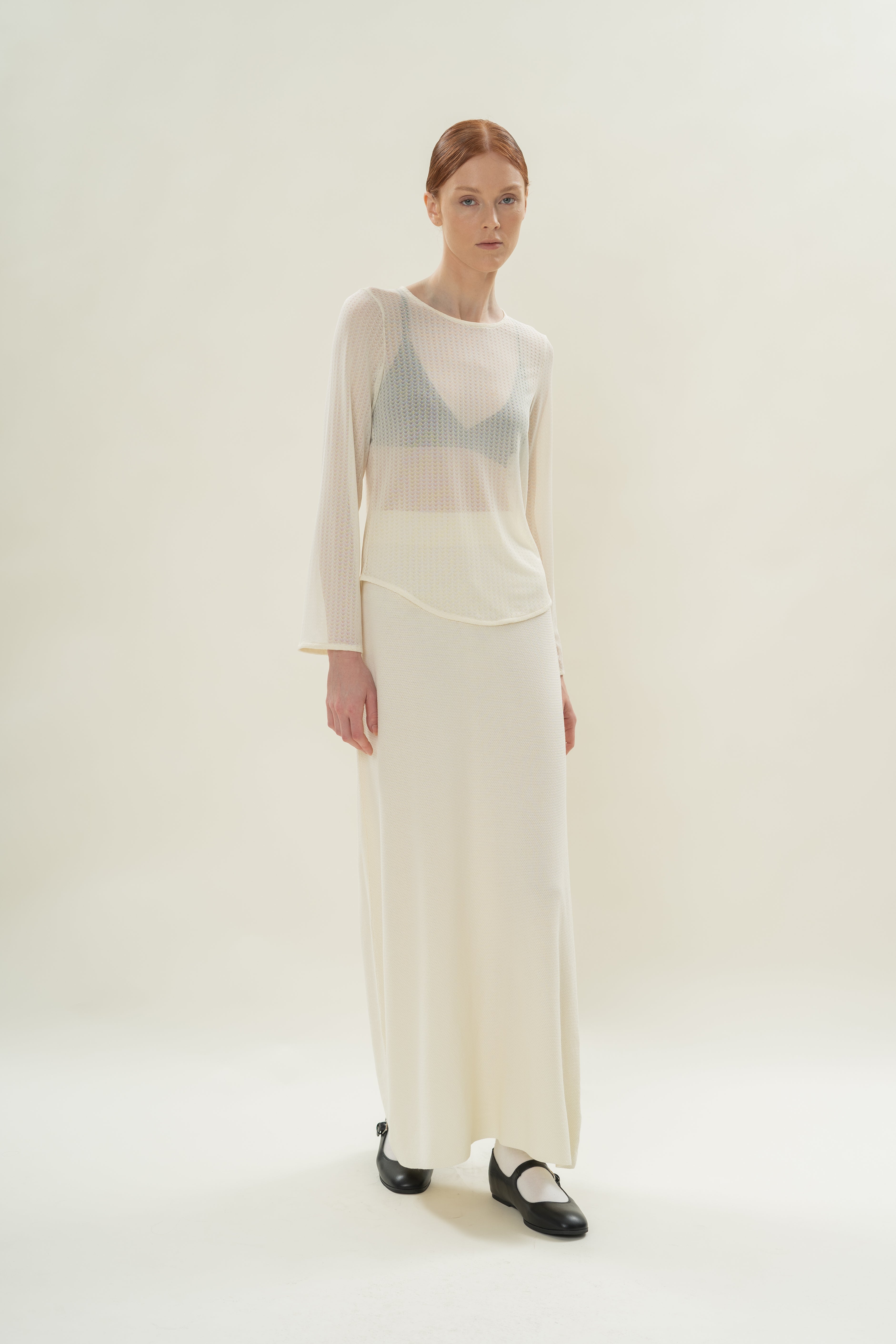 Stretch-Mesh Long Sleeved Top in Eggnog