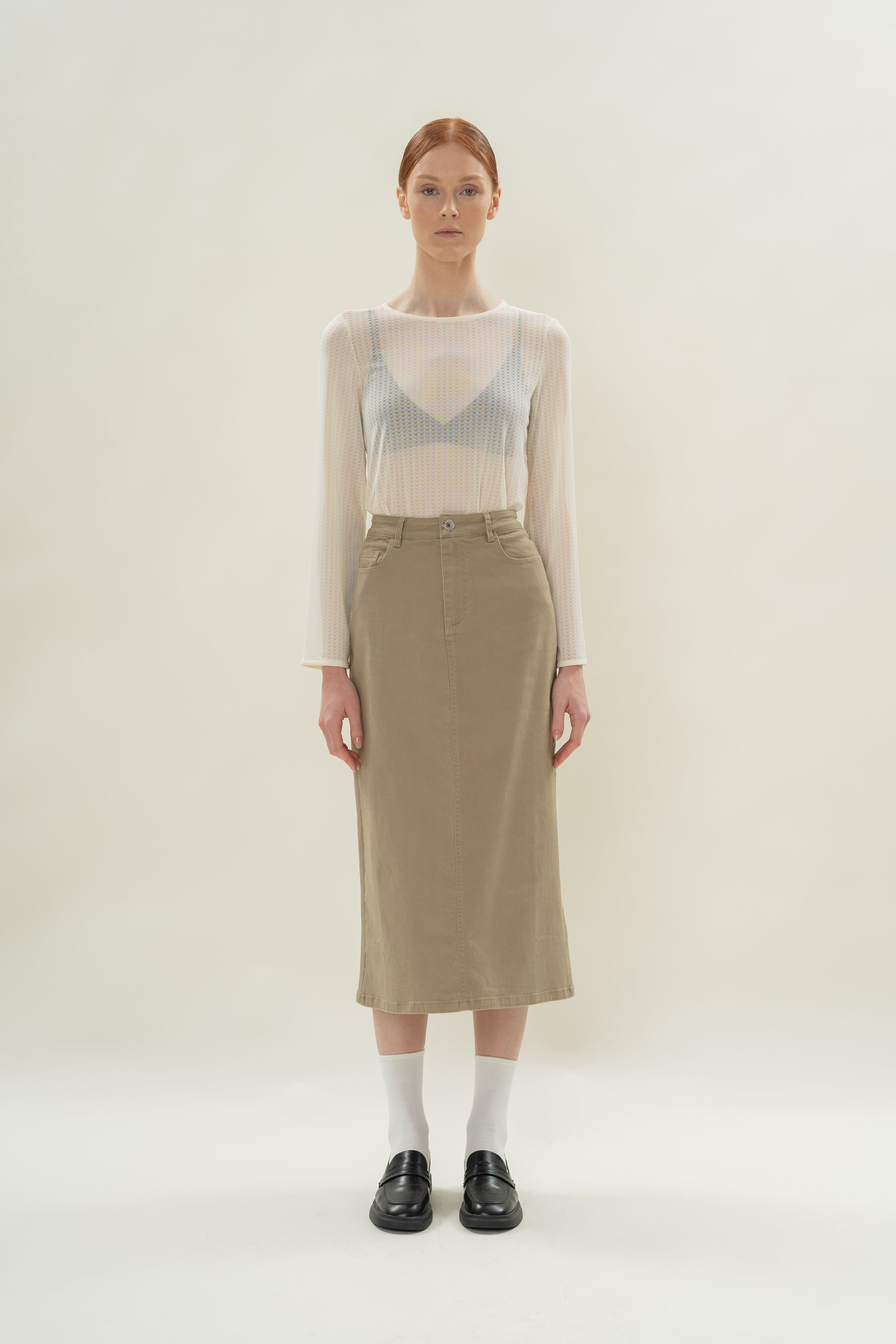 Stretch-Mesh Long Sleeved Top in Eggnog
