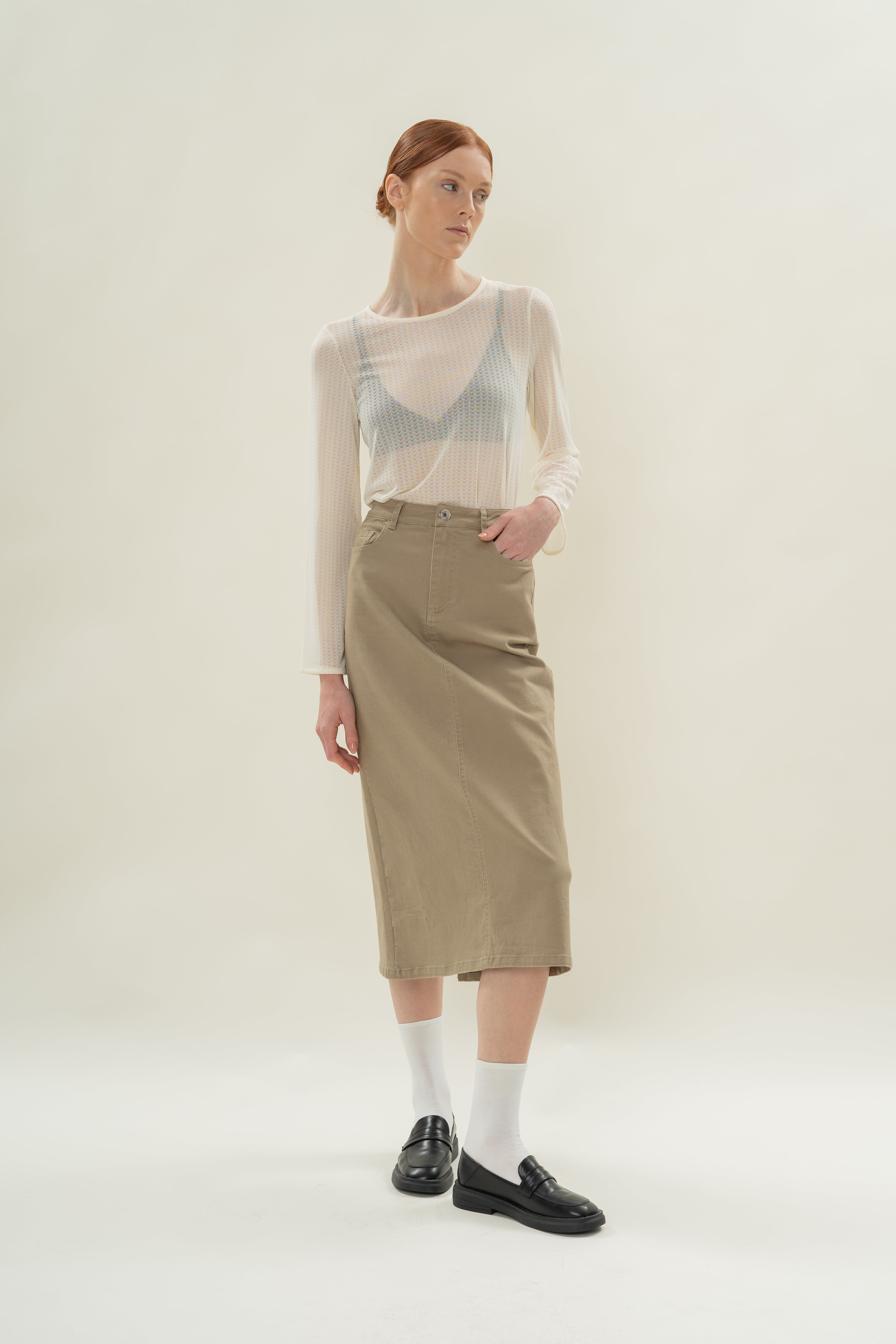Stretch-Mesh Long Sleeved Top in Eggnog