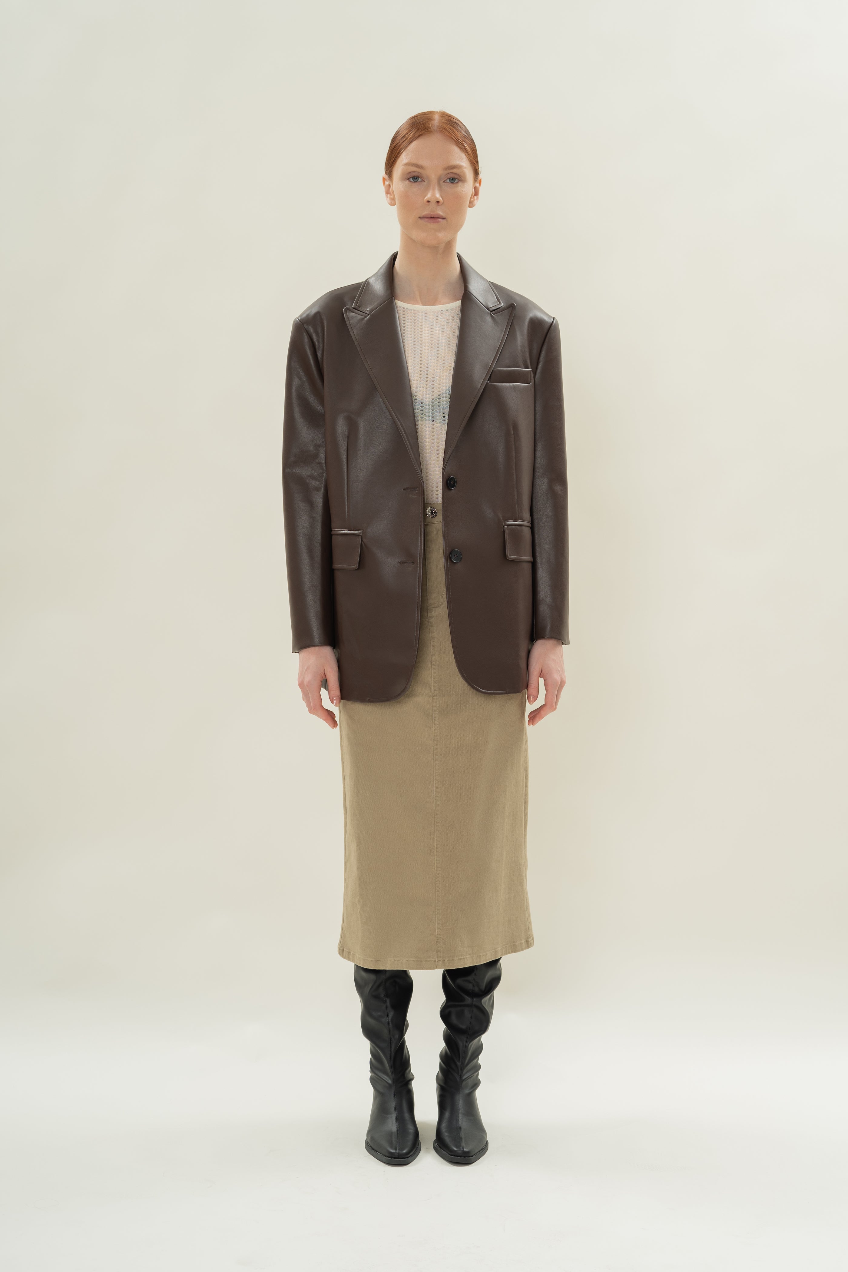 Faux Leather Blazer in Umber