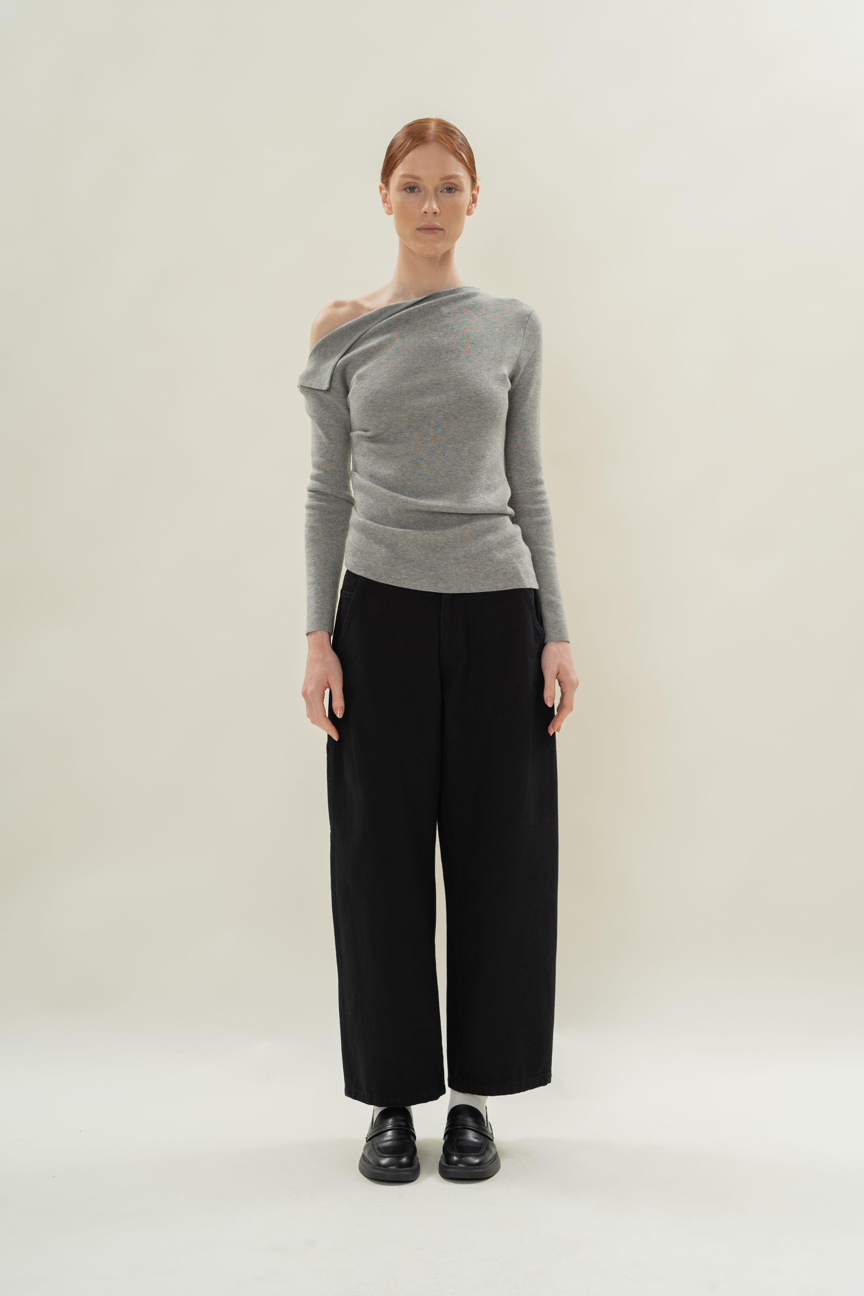 Foldover Neckline Long Sleeve Knit Top in Heather Grey