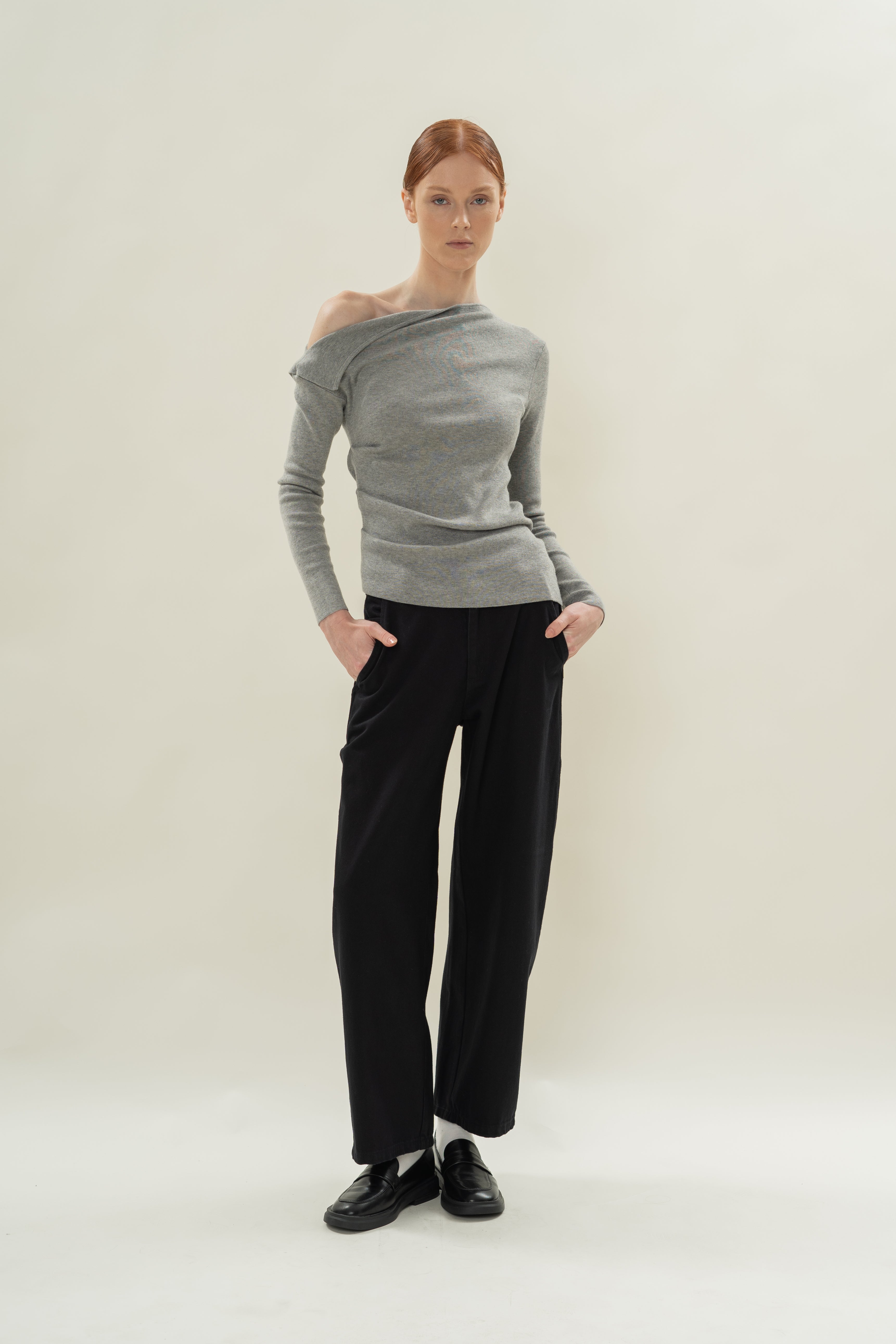 Foldover Neckline Long Sleeve Knit Top in Heather Grey
