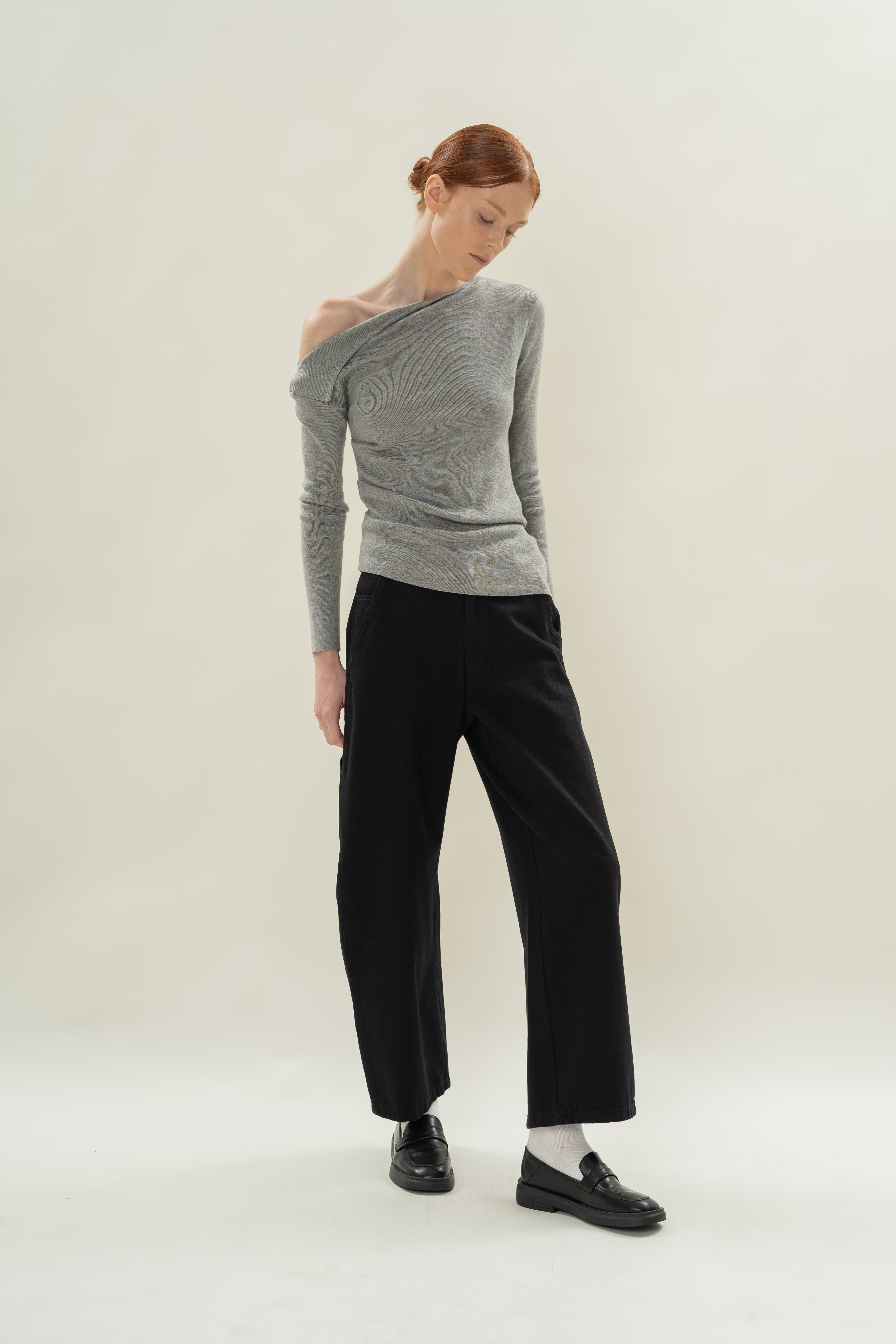 Foldover Neckline Long Sleeve Knit Top in Heather Grey