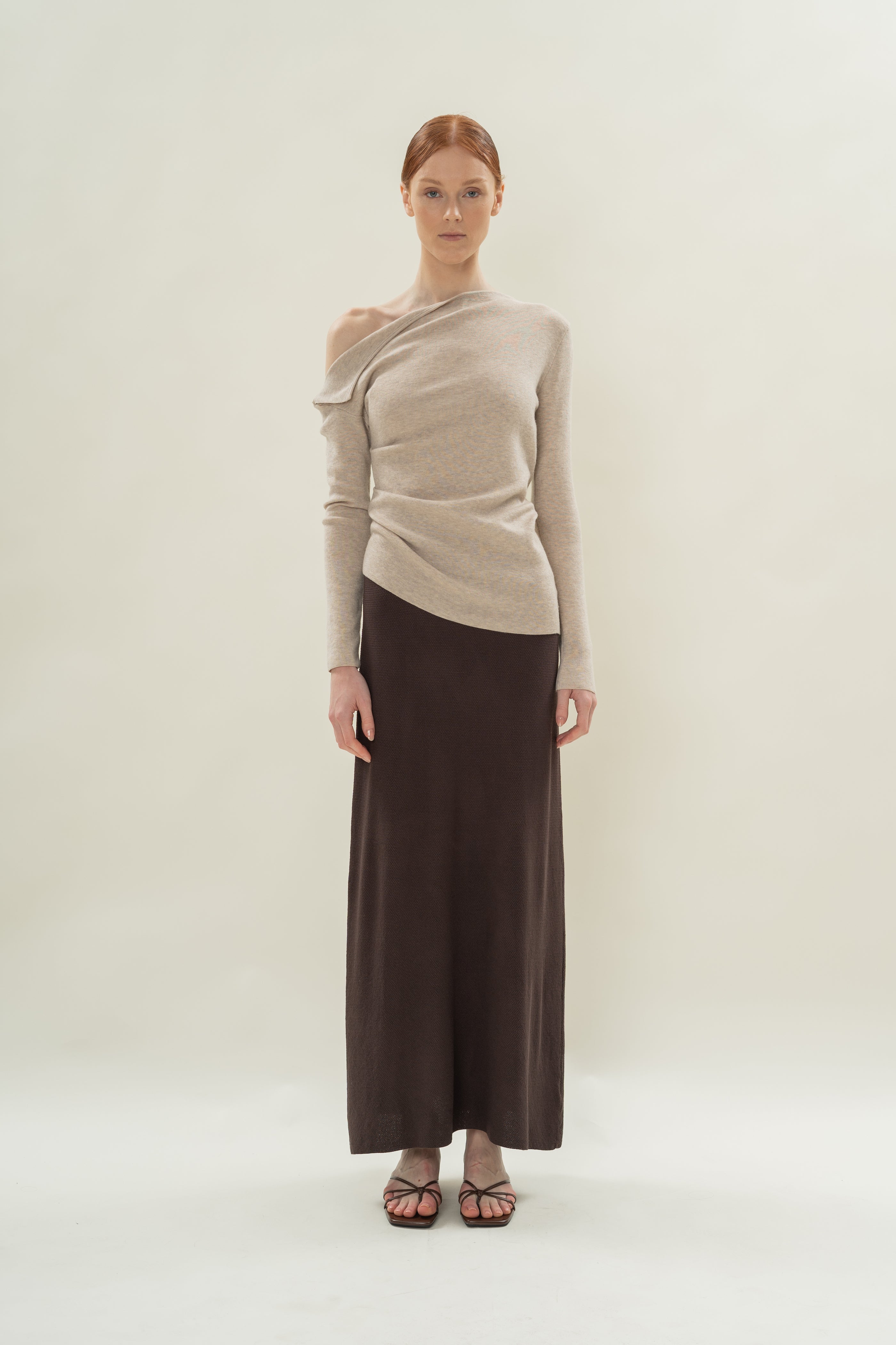 Foldover Neckline Long Sleeve Knit Top in Light Oak