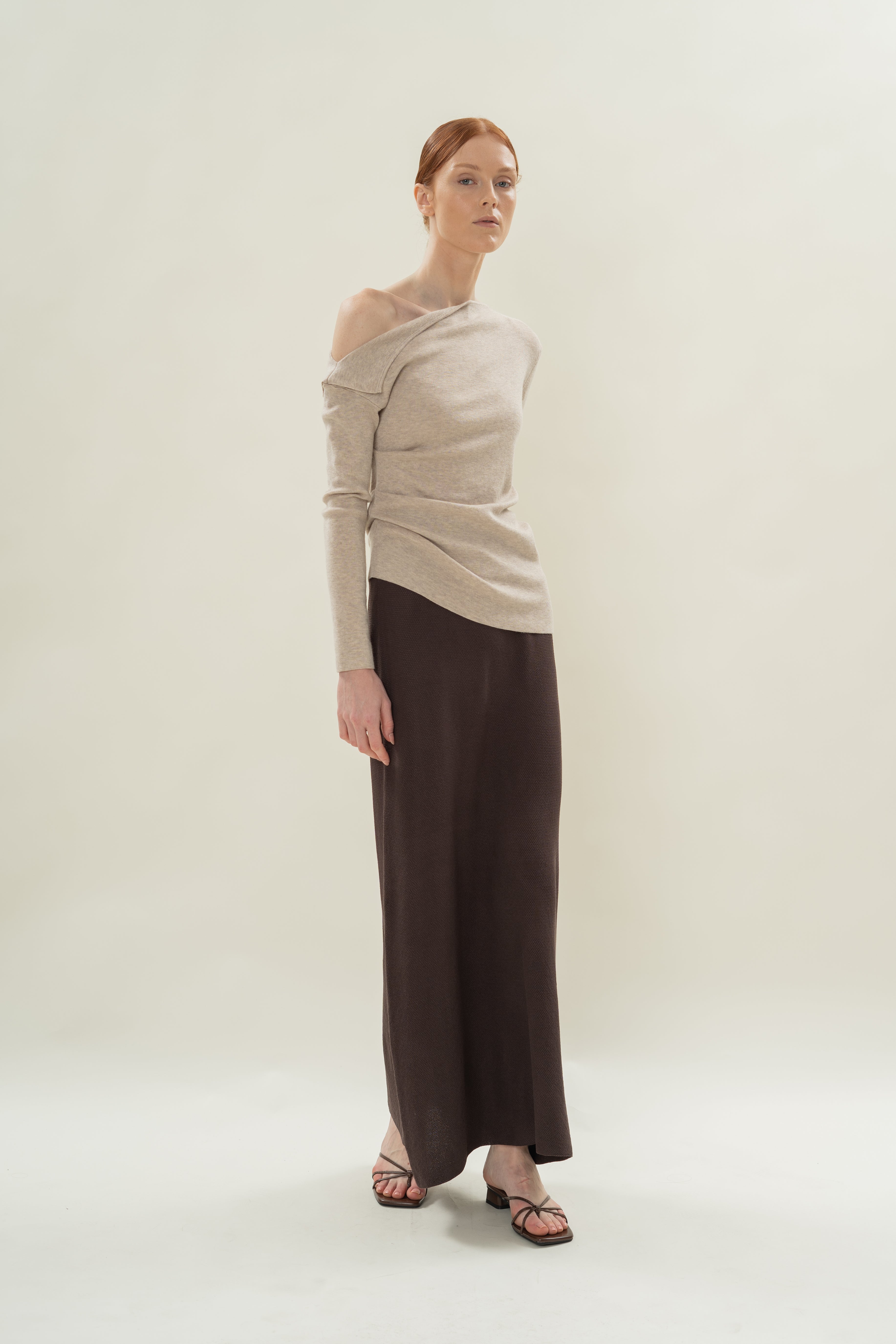Foldover Neckline Long Sleeve Knit Top in Light Oak