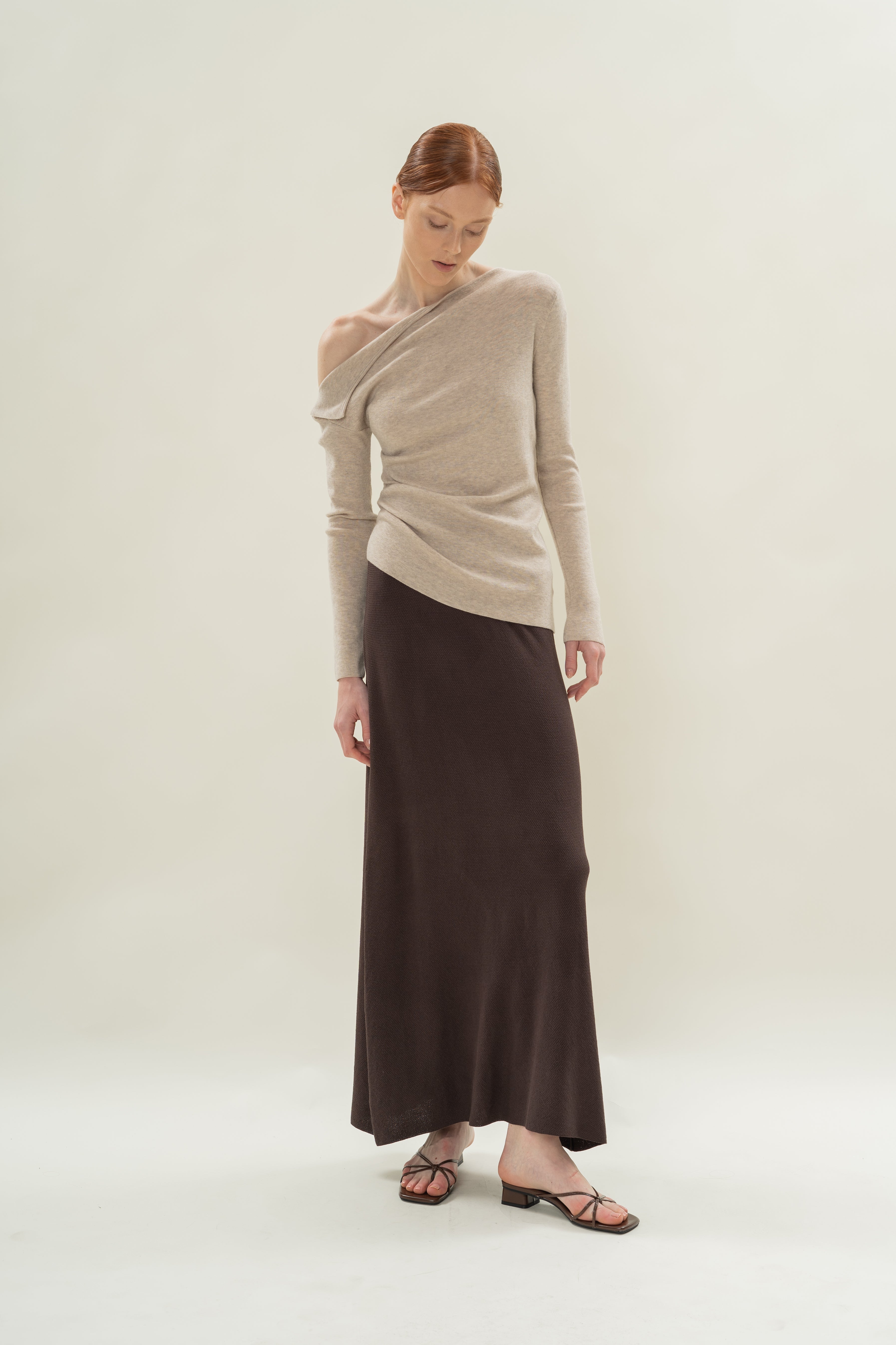 Foldover Neckline Long Sleeve Knit Top in Light Oak