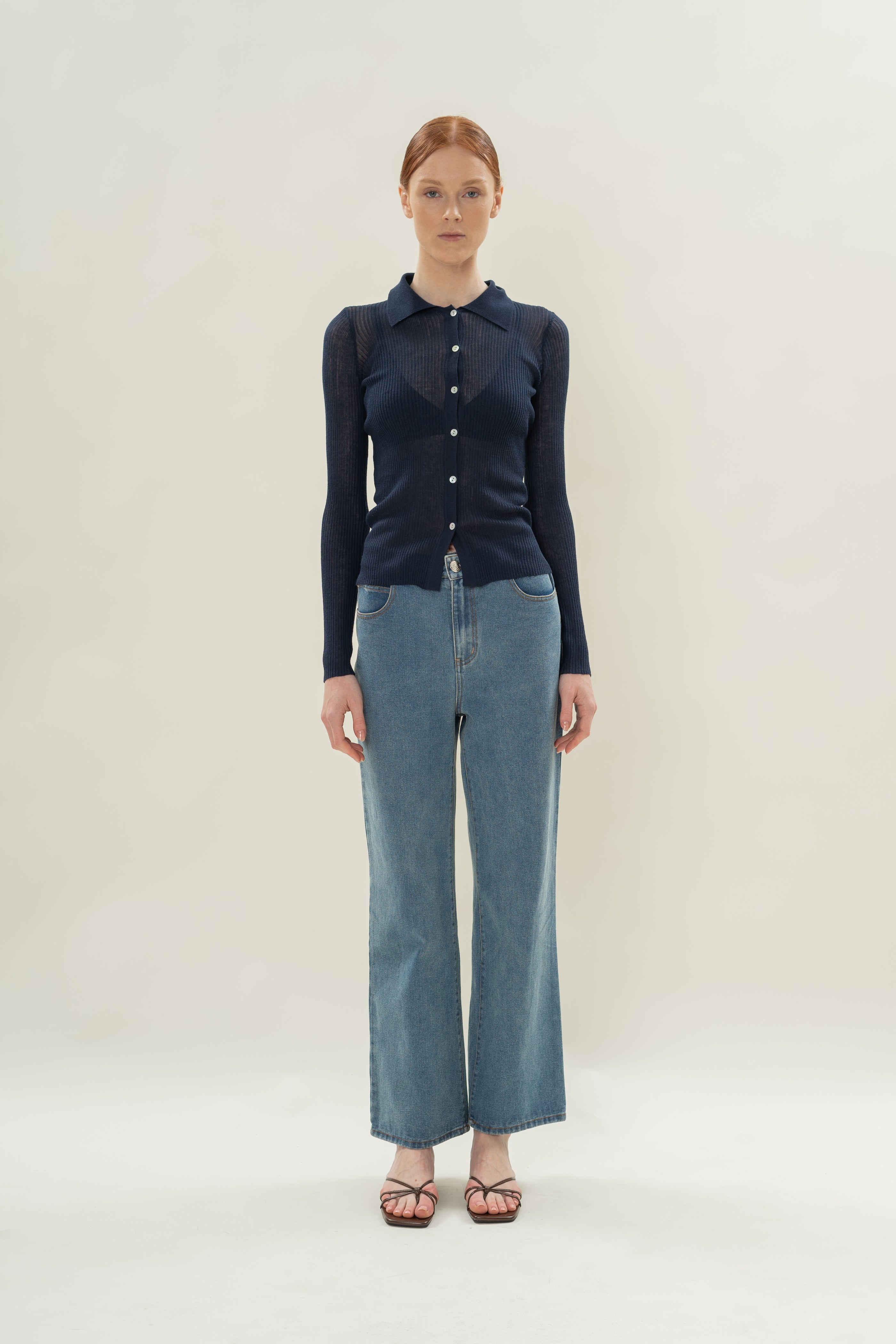 Fitted Sheer Knit Collared Top in Midnight