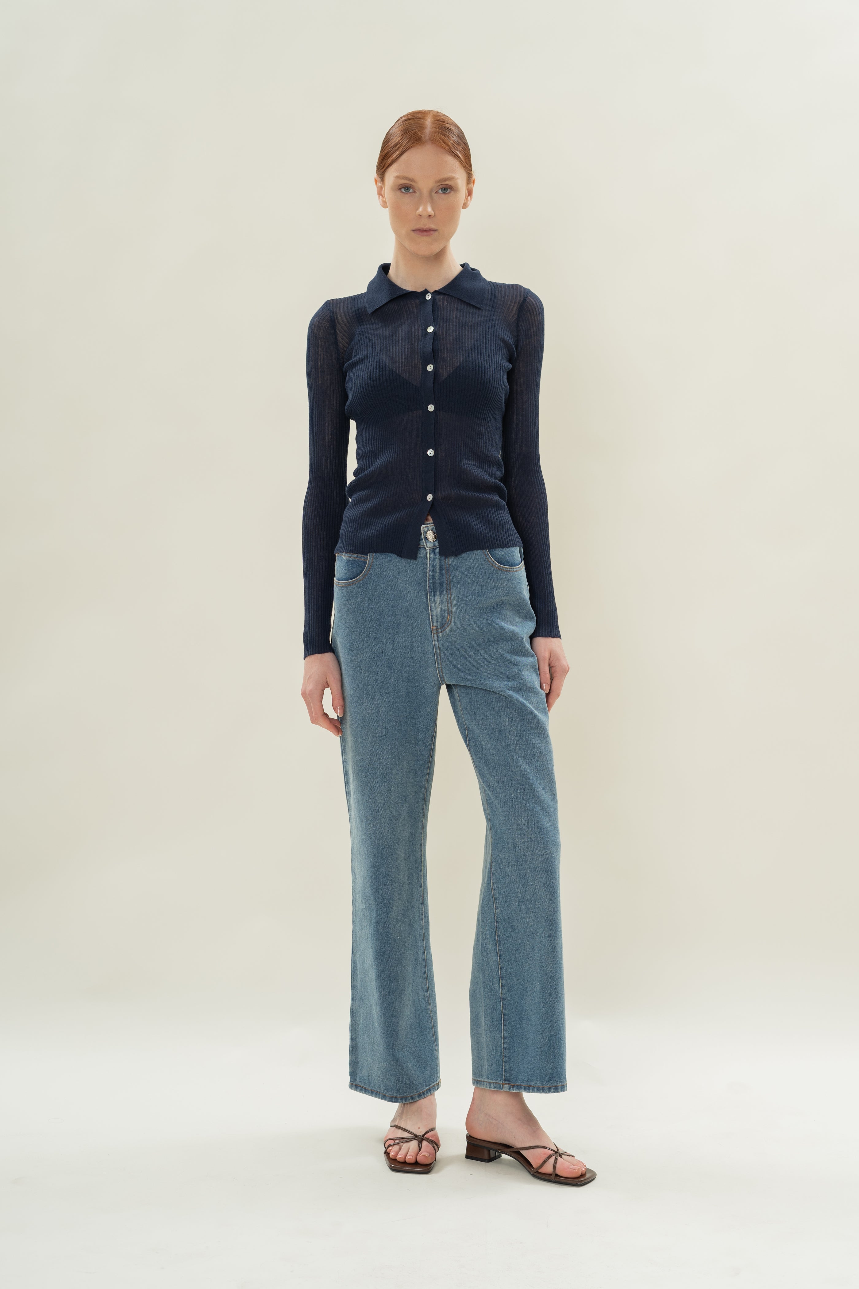 Fitted Sheer Knit Collared Top in Midnight