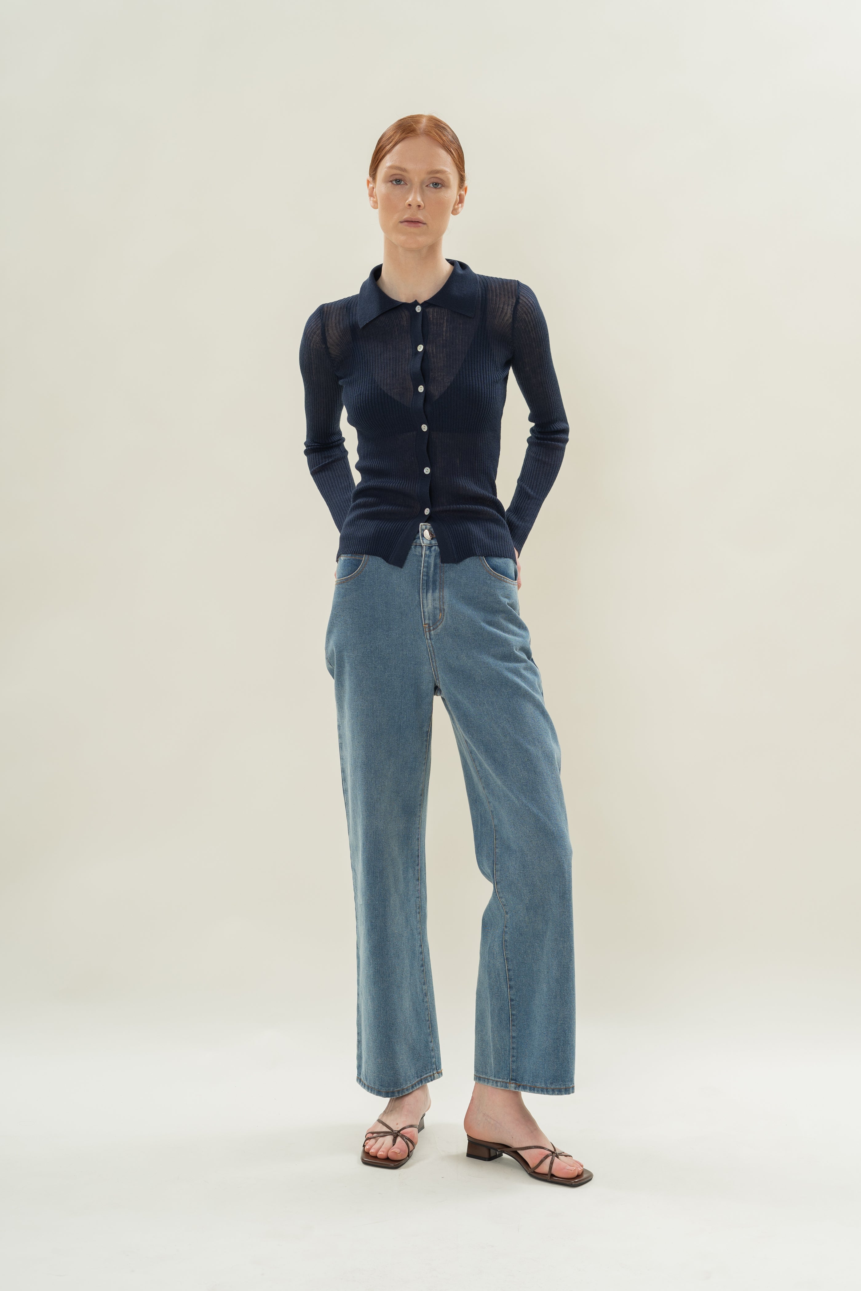 Fitted Sheer Knit Collared Top in Midnight