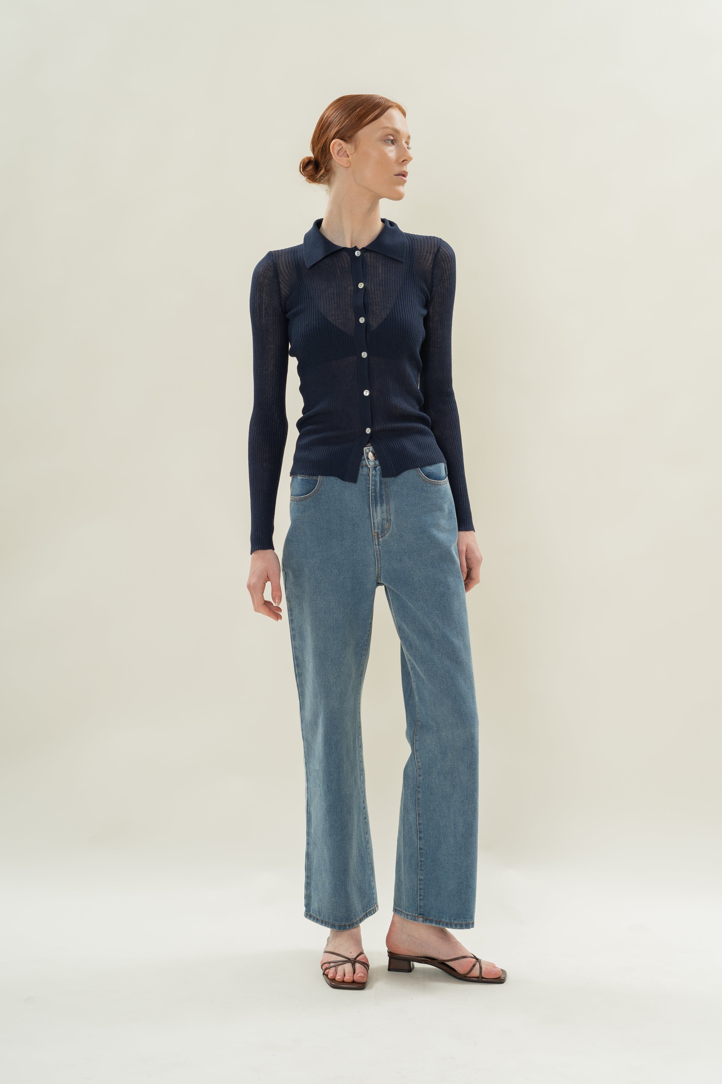 Fitted Sheer Knit Collared Top in Midnight