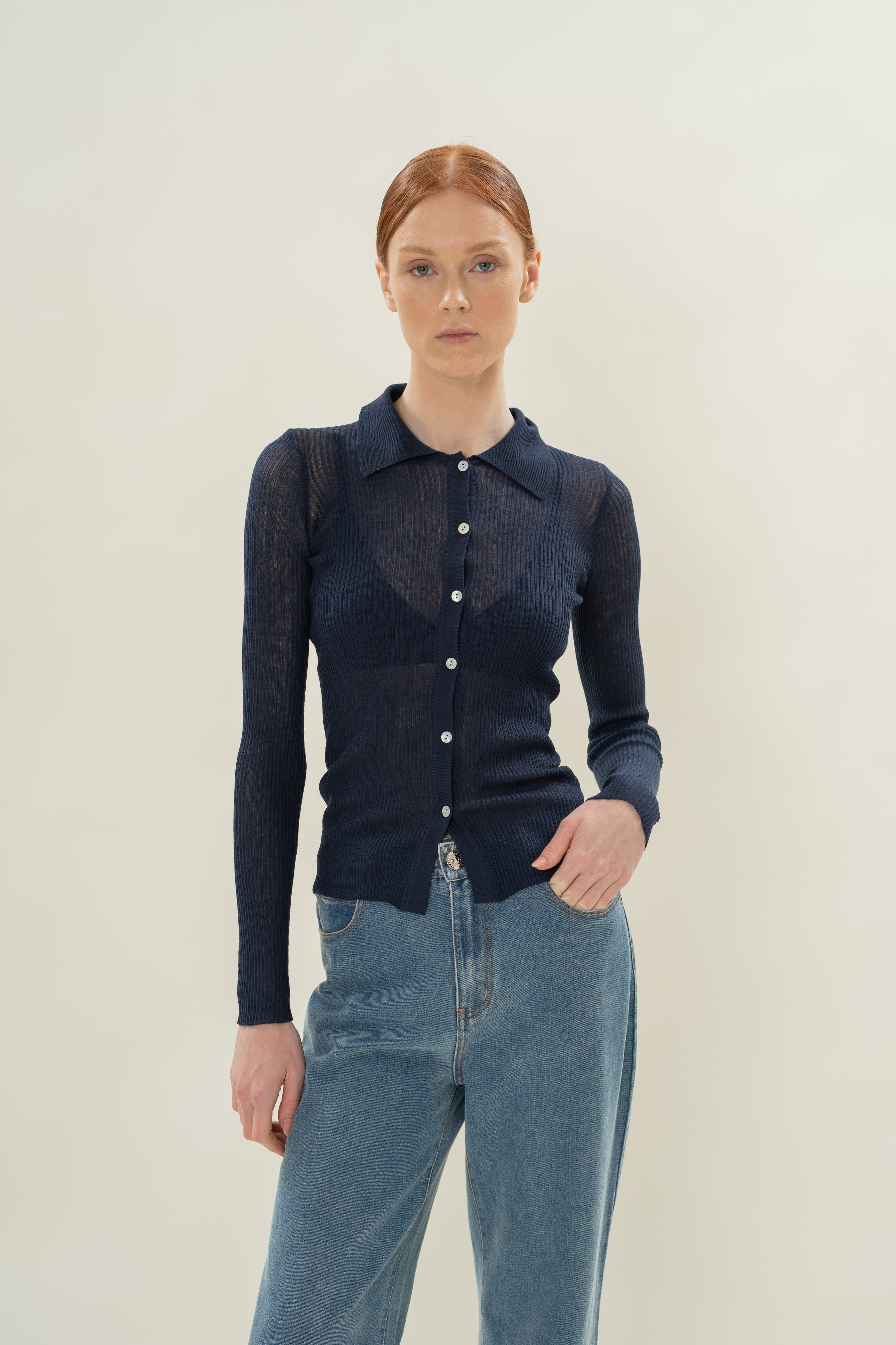 Fitted Sheer Knit Collared Top in Midnight