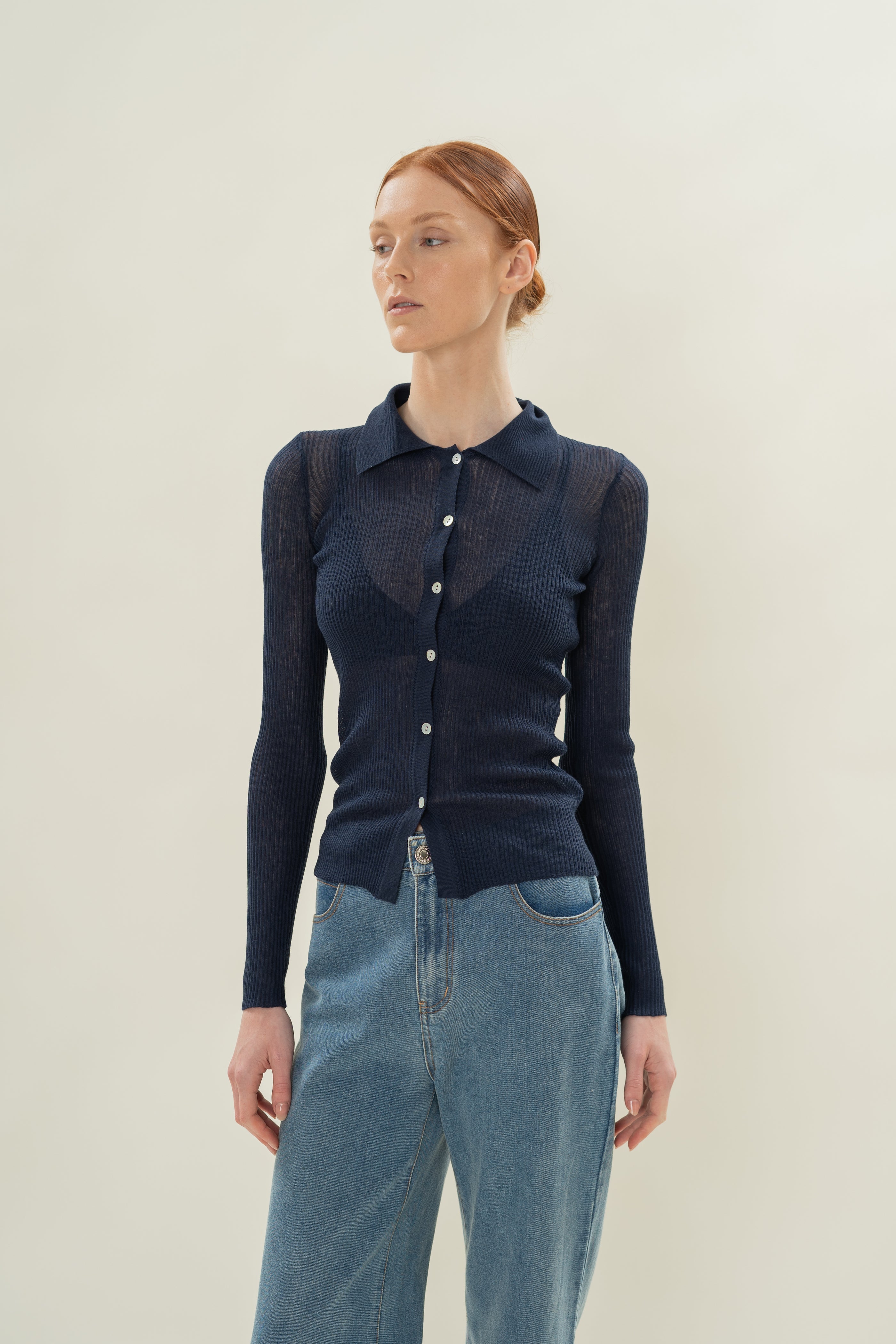 Fitted Sheer Knit Collared Top in Midnight