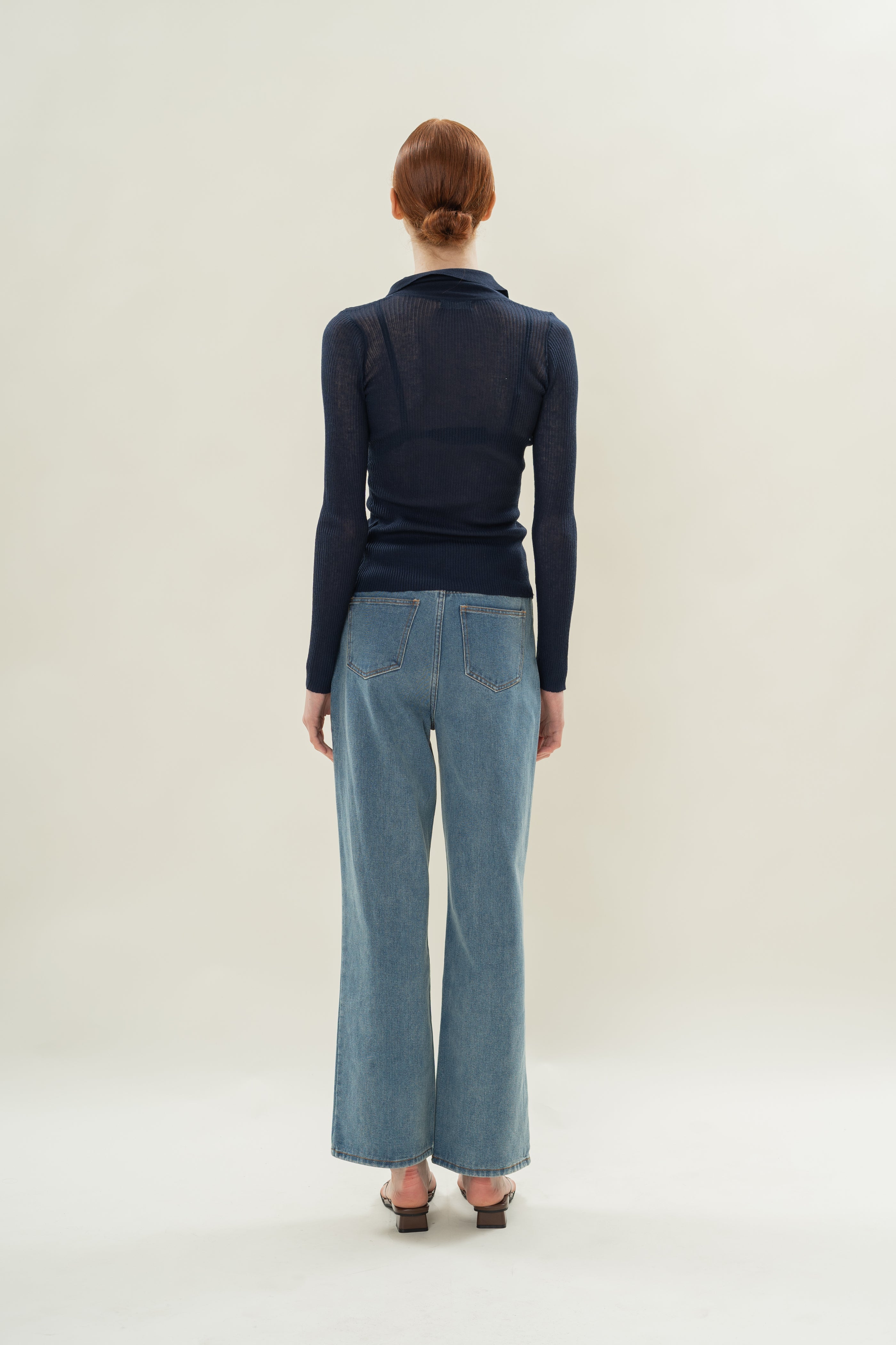 Fitted Sheer Knit Collared Top in Midnight