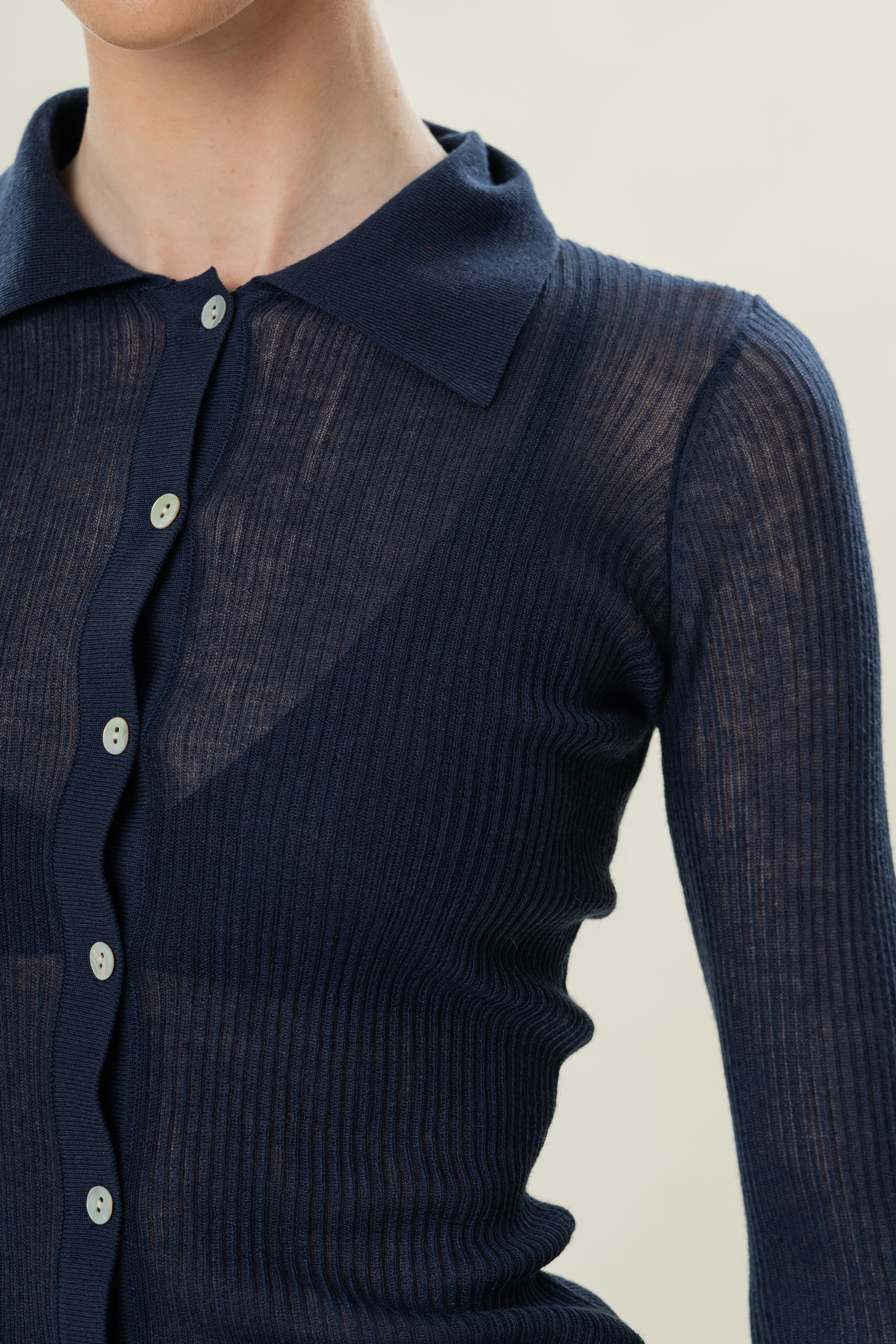 Fitted Sheer Knit Collared Top in Midnight