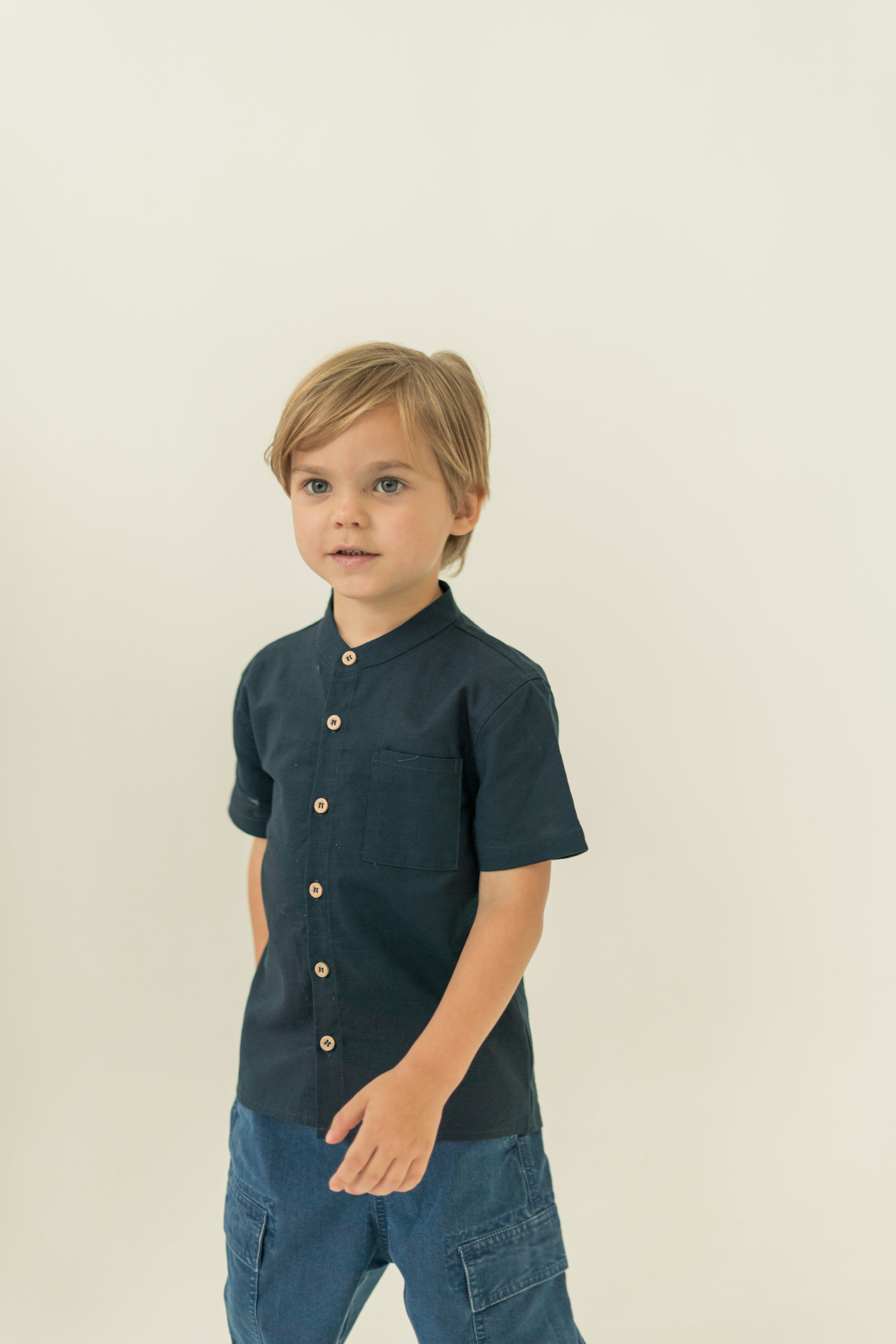 Mini Mandarin Collar Shirt in Midnight