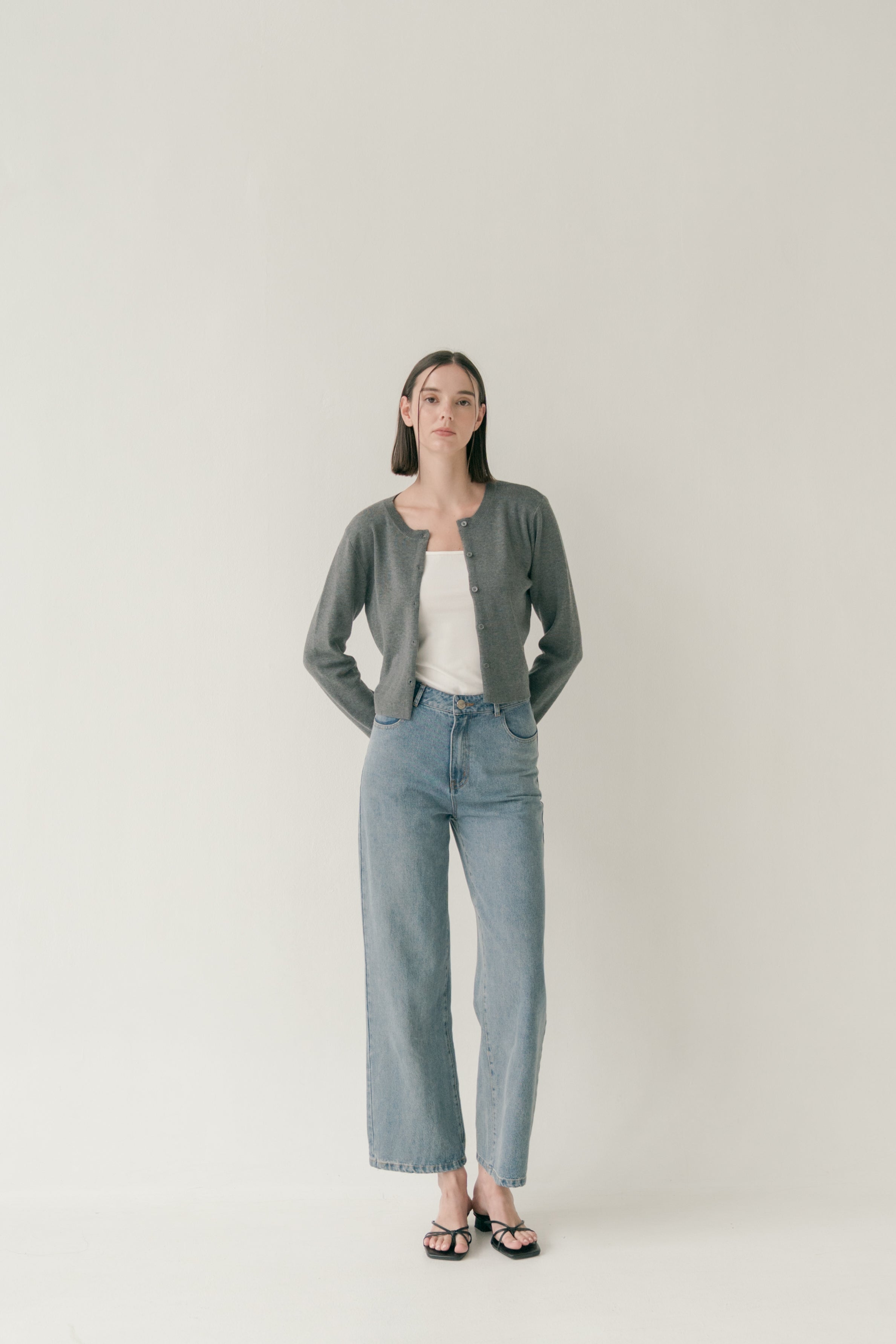 Round-Neck Knitted Cardigan in Stone Grey