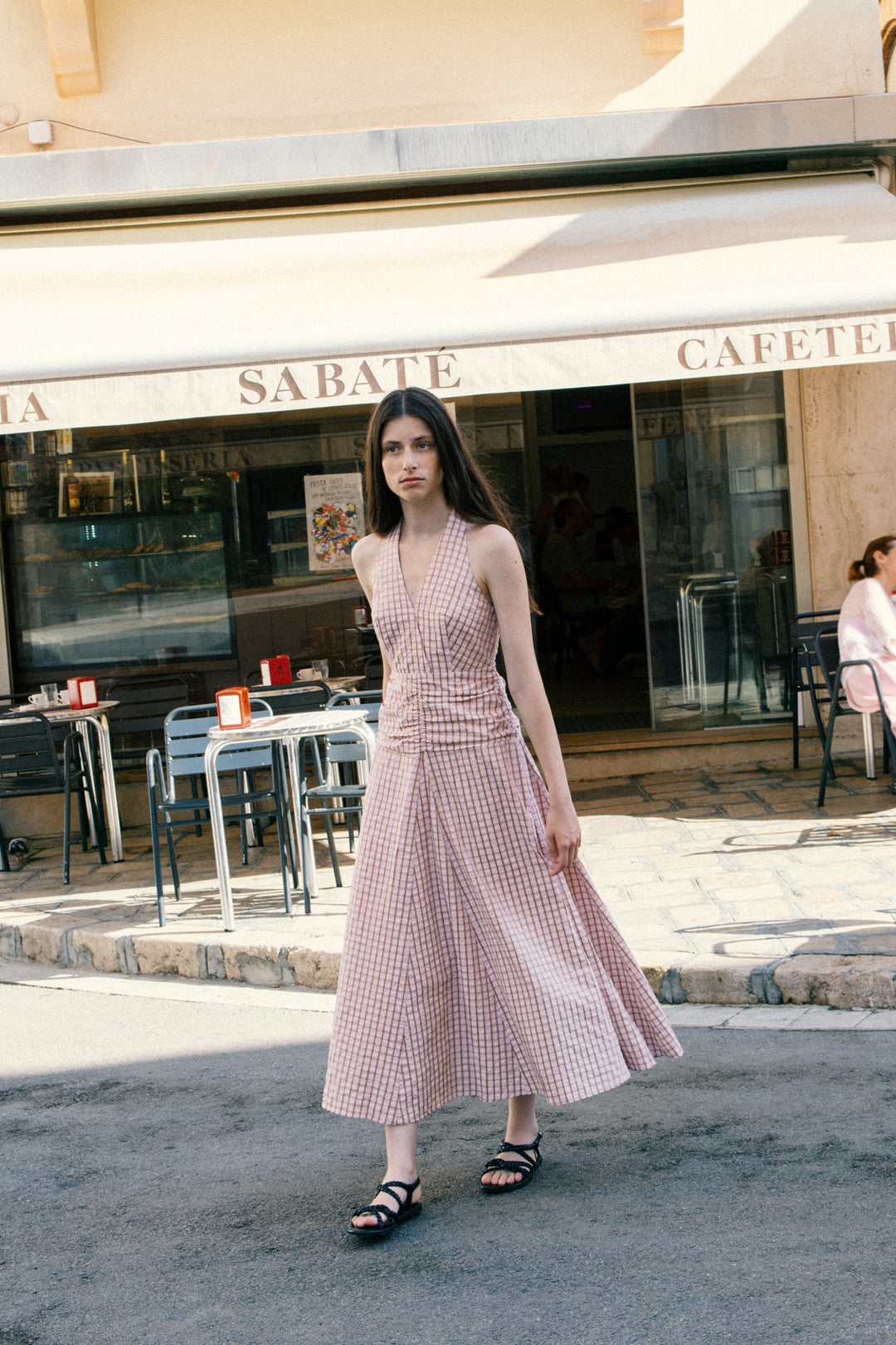 Halter Shirred Maxi Dress in Rosewood Gingham