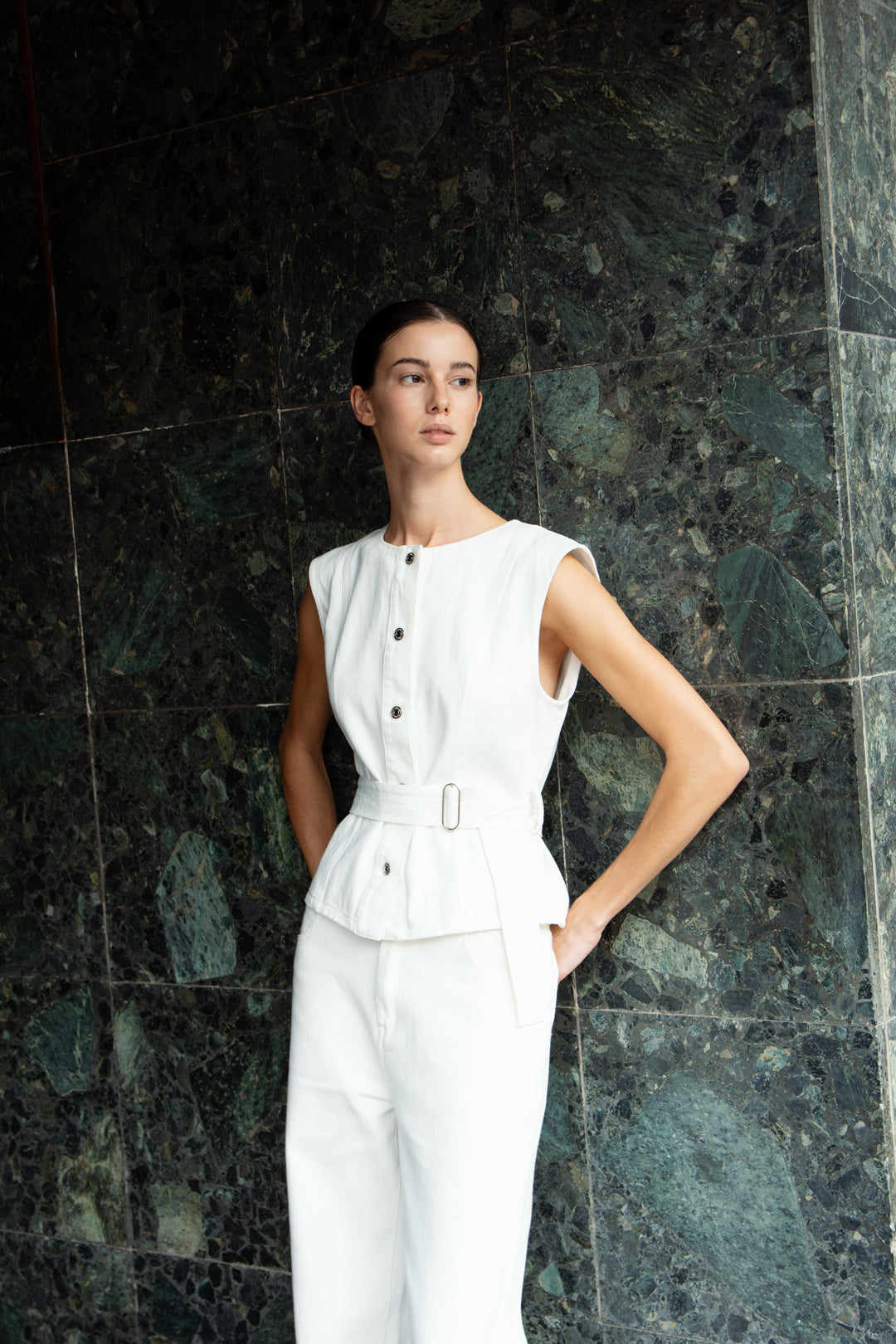 Sleeveless Denim Button Top in White
