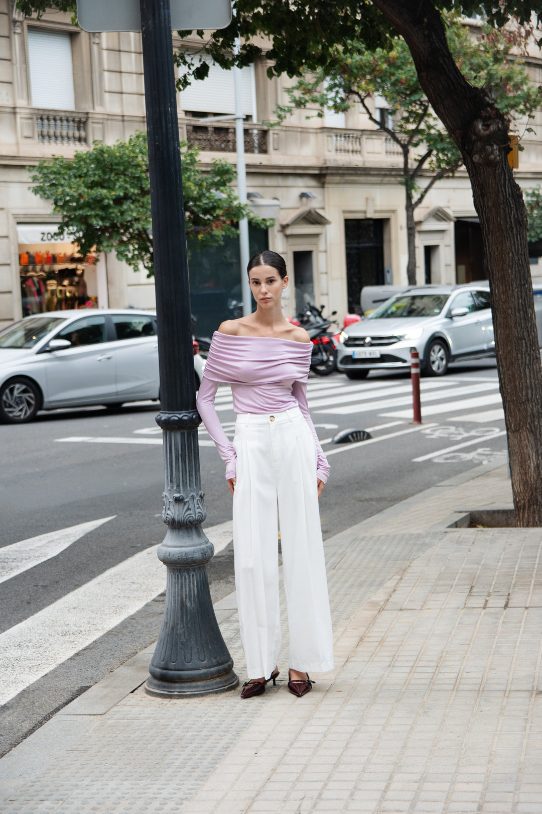 Off Shoulder Stretch Knit Top in Orchid