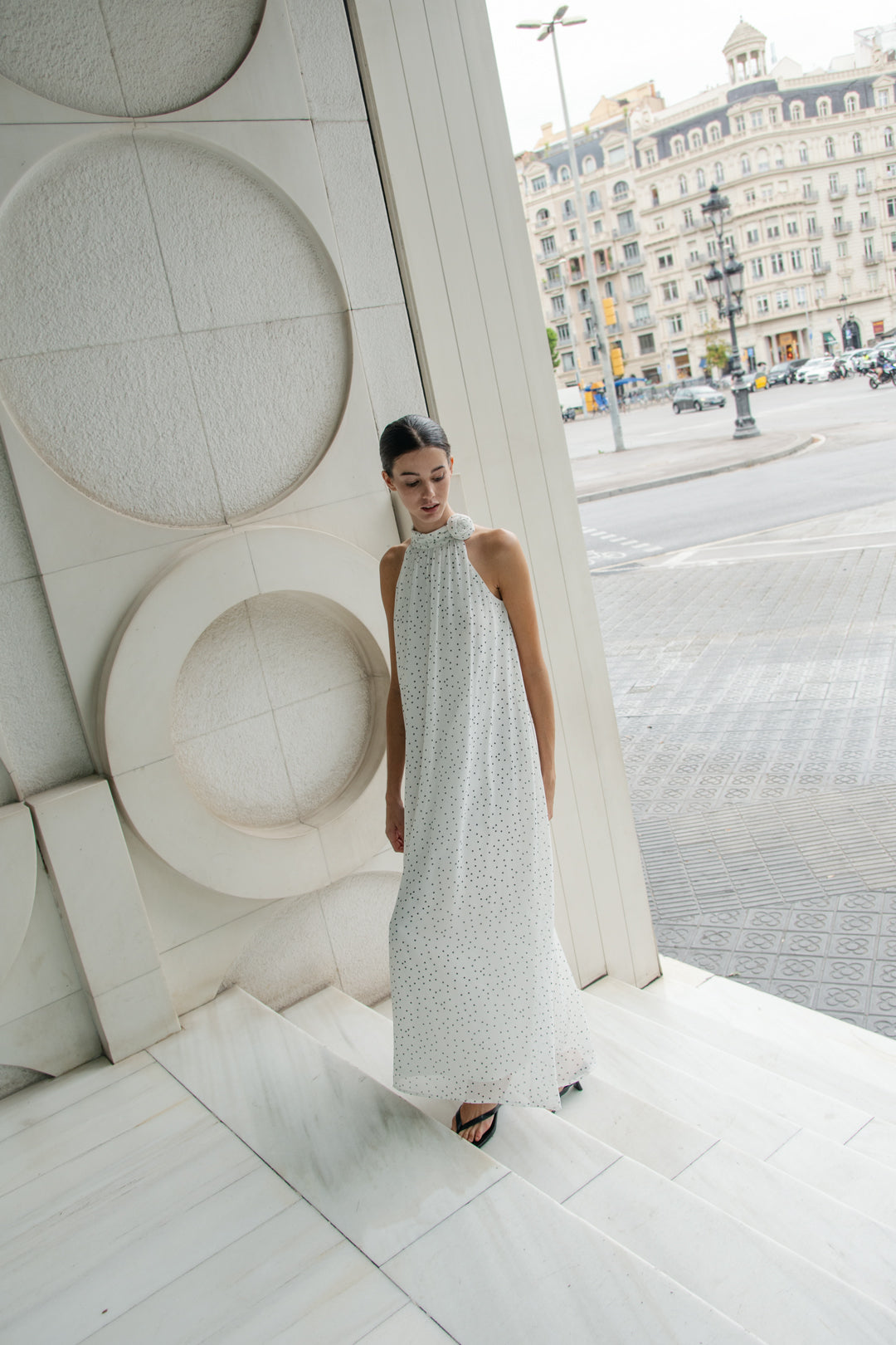 Polka Dot High Neck Maxi Dress With Detachable Floral in White