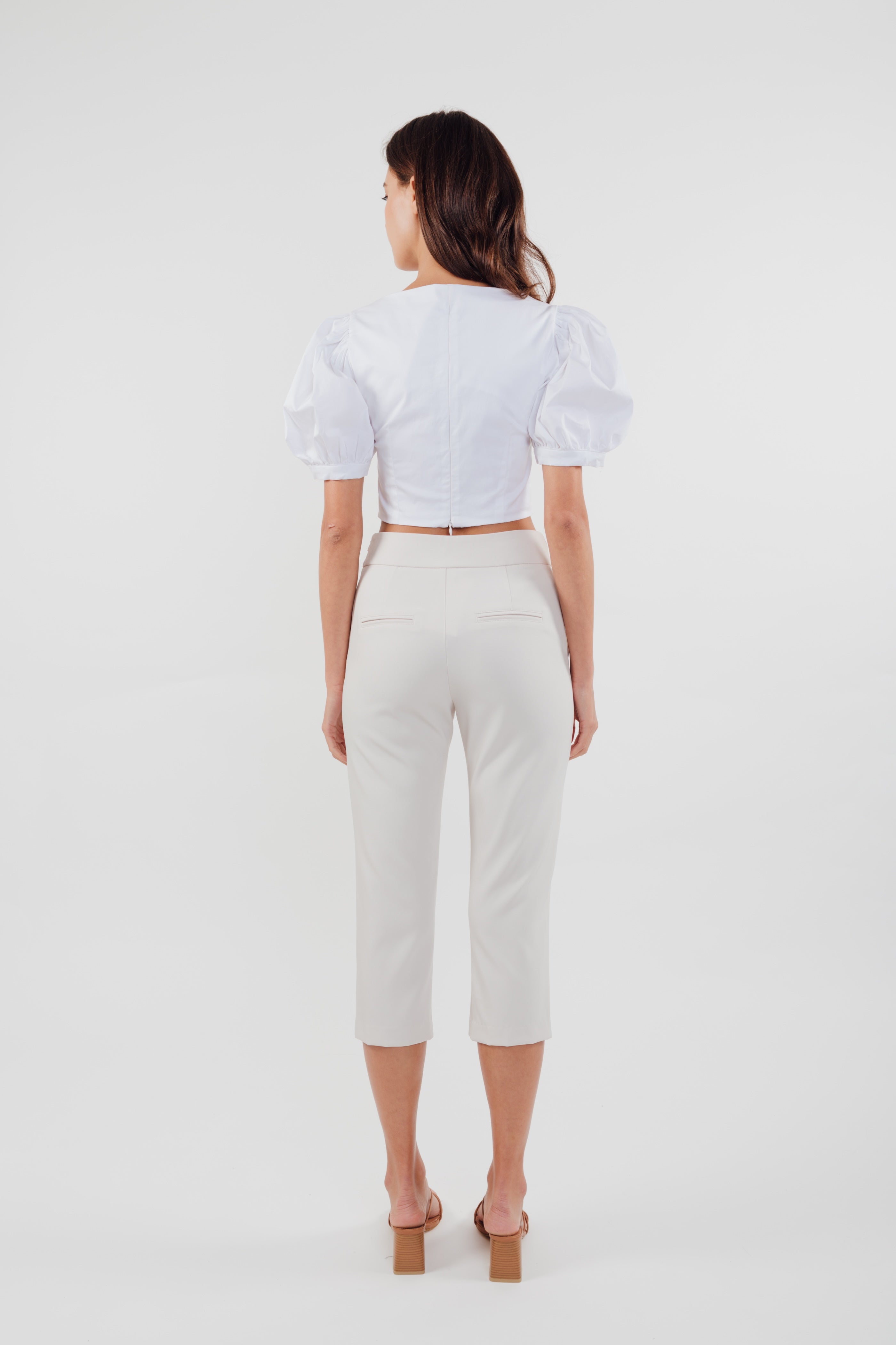 High Waisted Cropped Trousers in Cream (Sale)