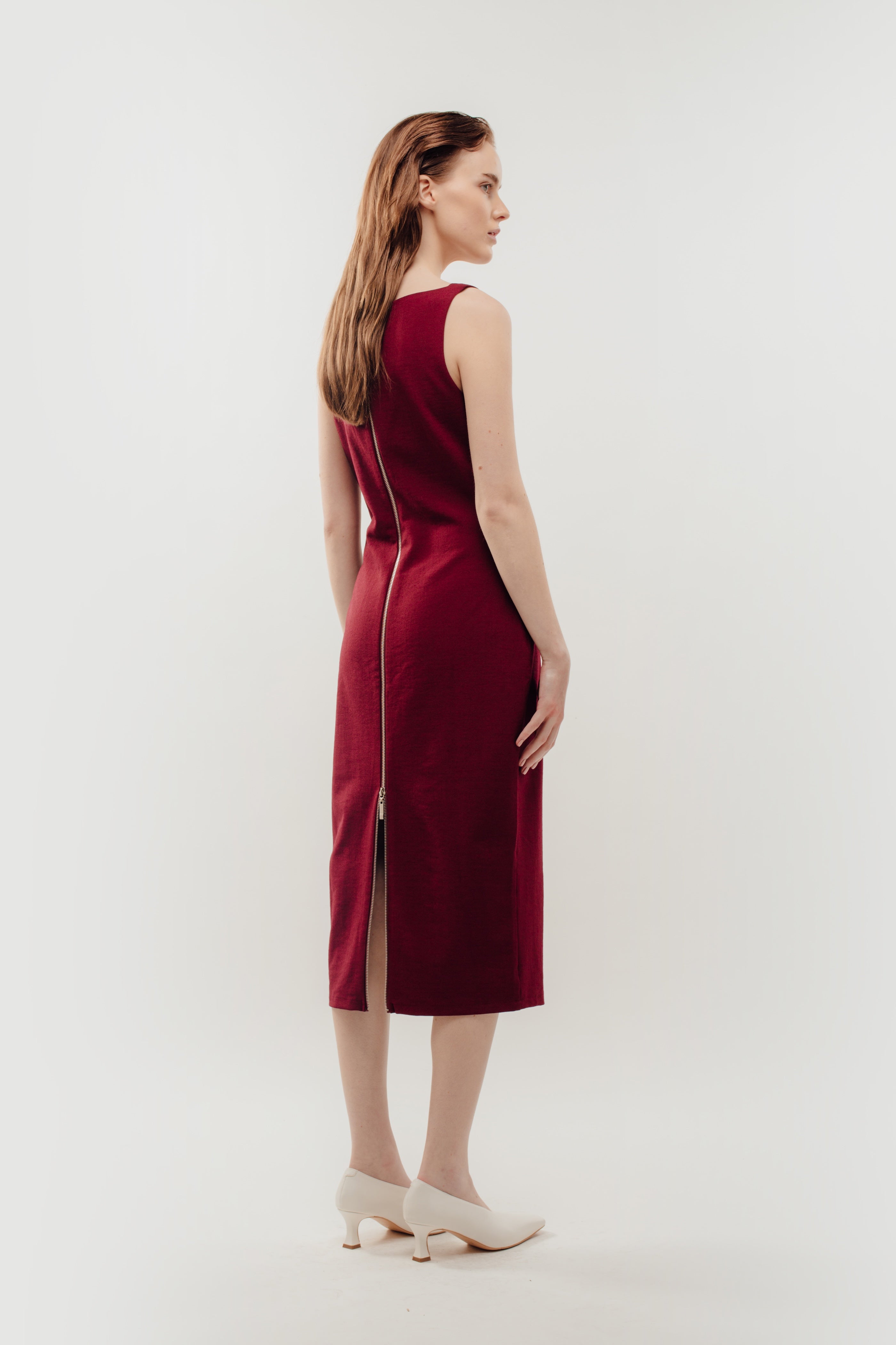 Classic Midi Dress w Exposed Zipper Slit In Red (Sale)