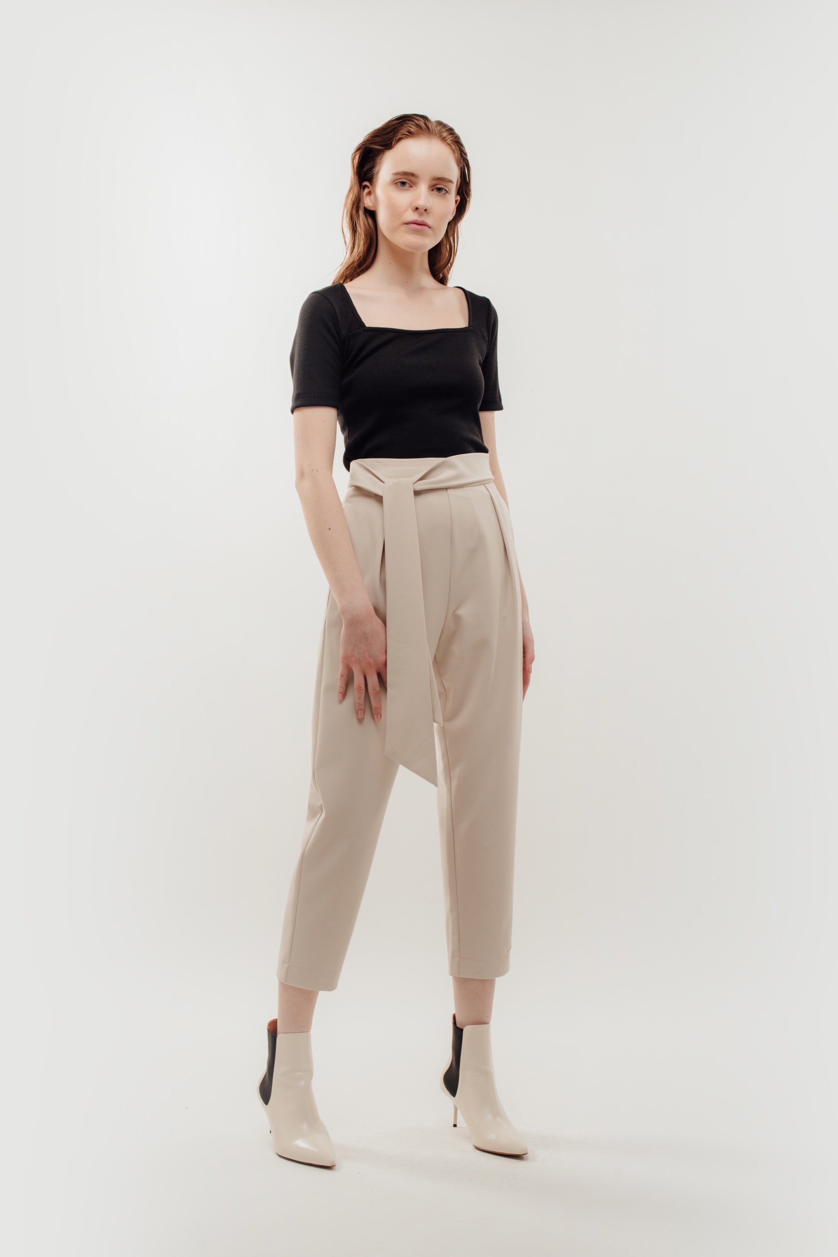 High Waisted Trousers with Belt Tie in Beige (Sale)