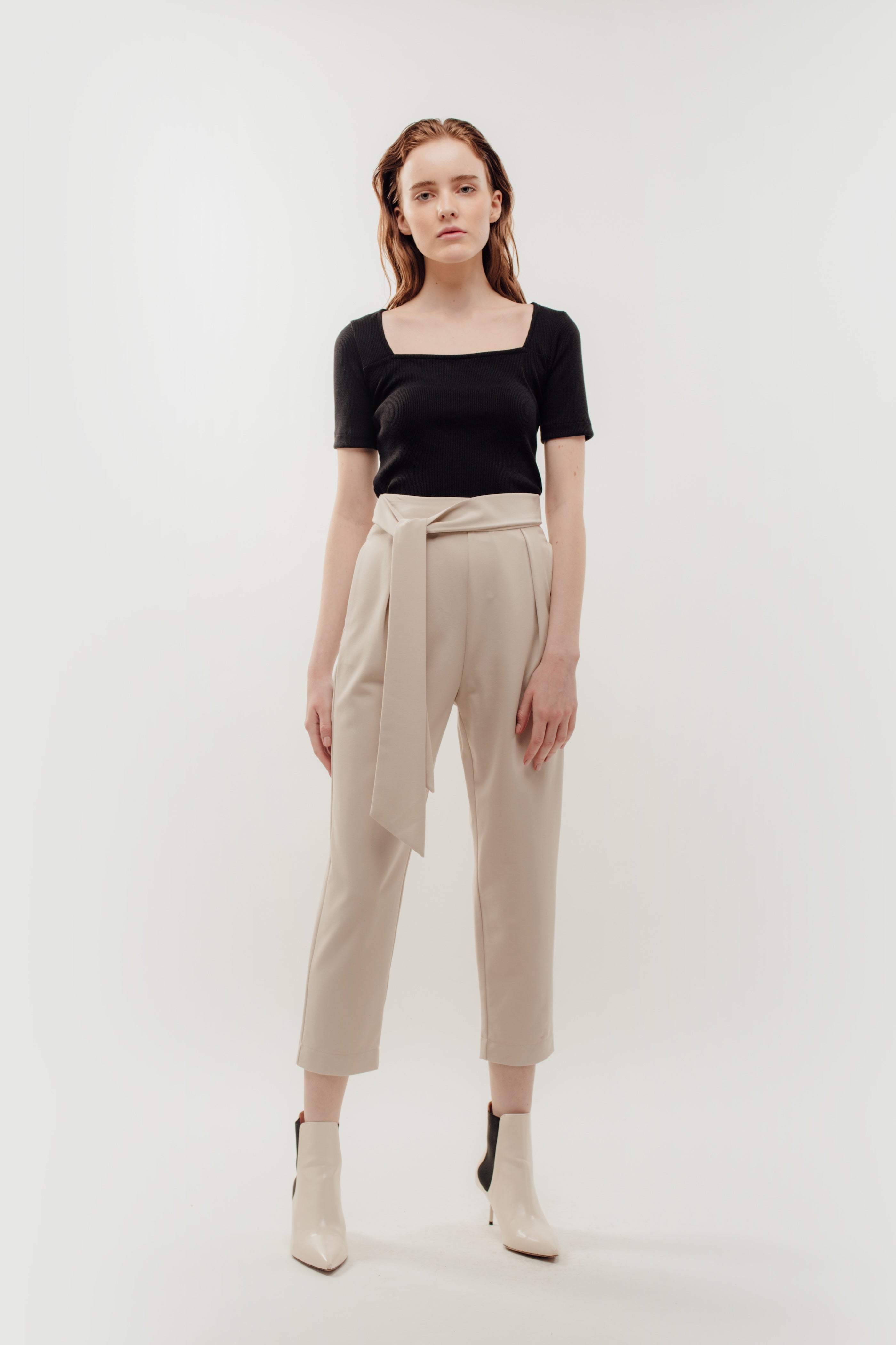 High Waisted Trousers with Belt Tie in Beige (Sale)