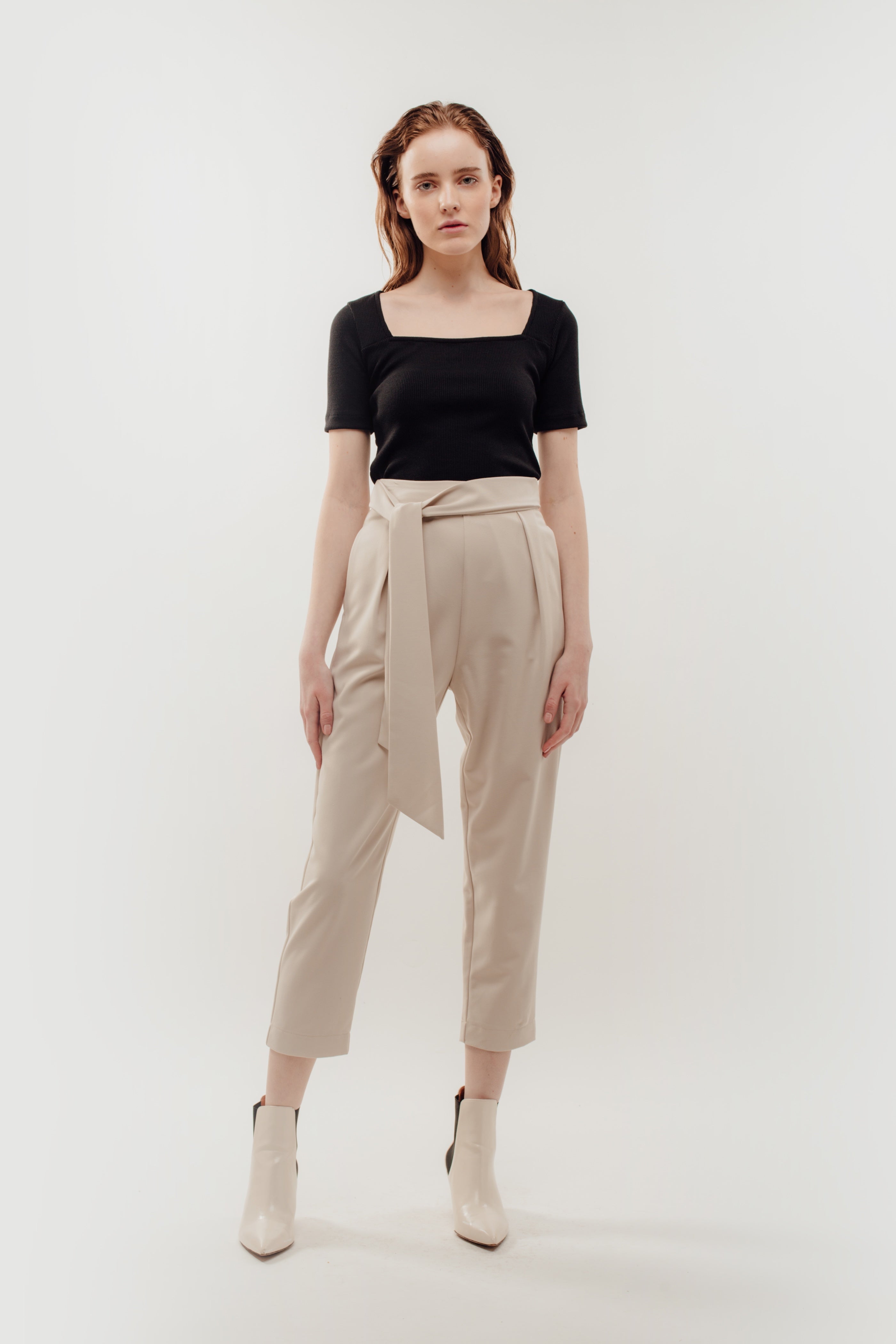 High Waisted Trousers with Belt Tie in Beige (Sale)