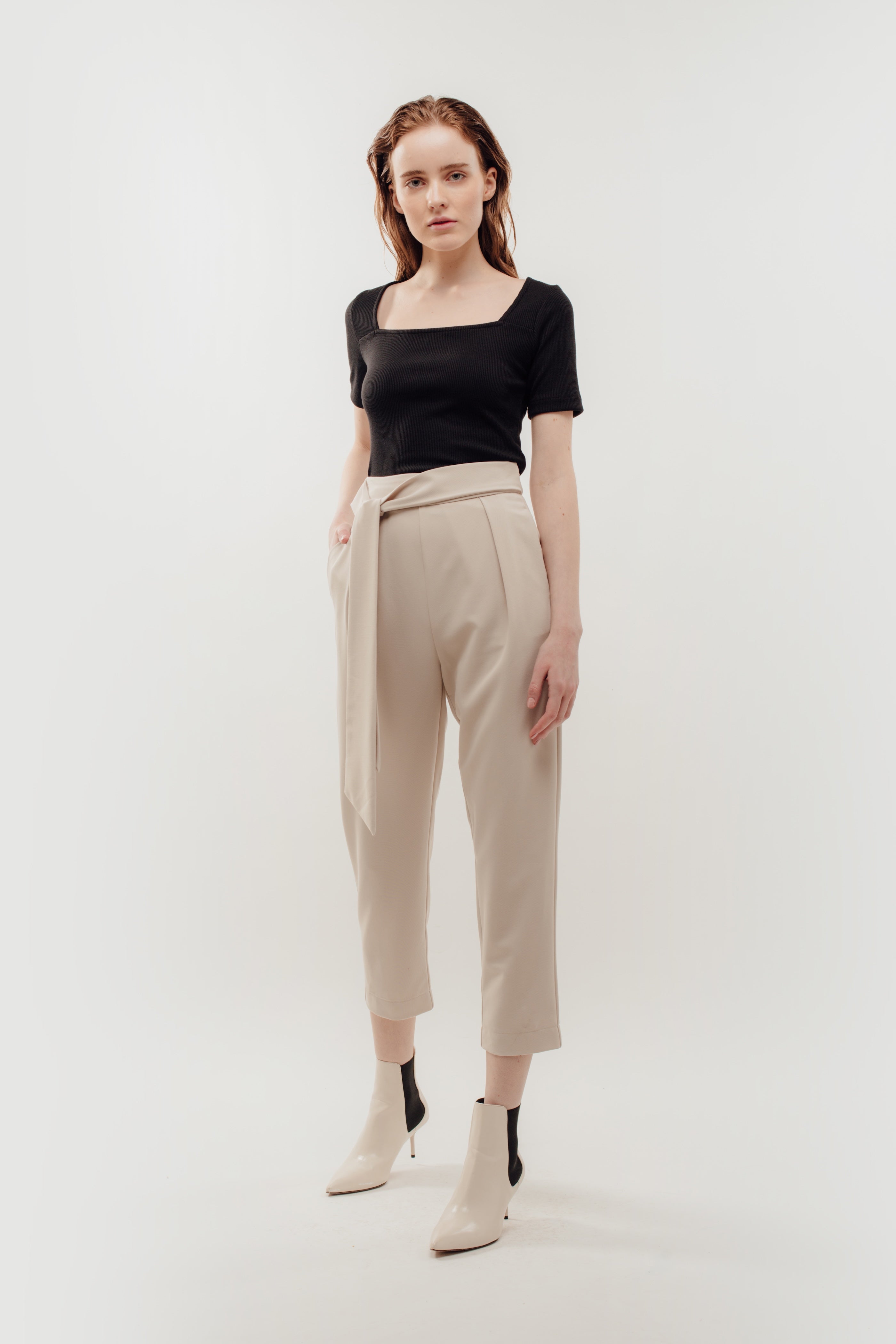 High Waisted Trousers with Belt Tie in Beige (Sale)