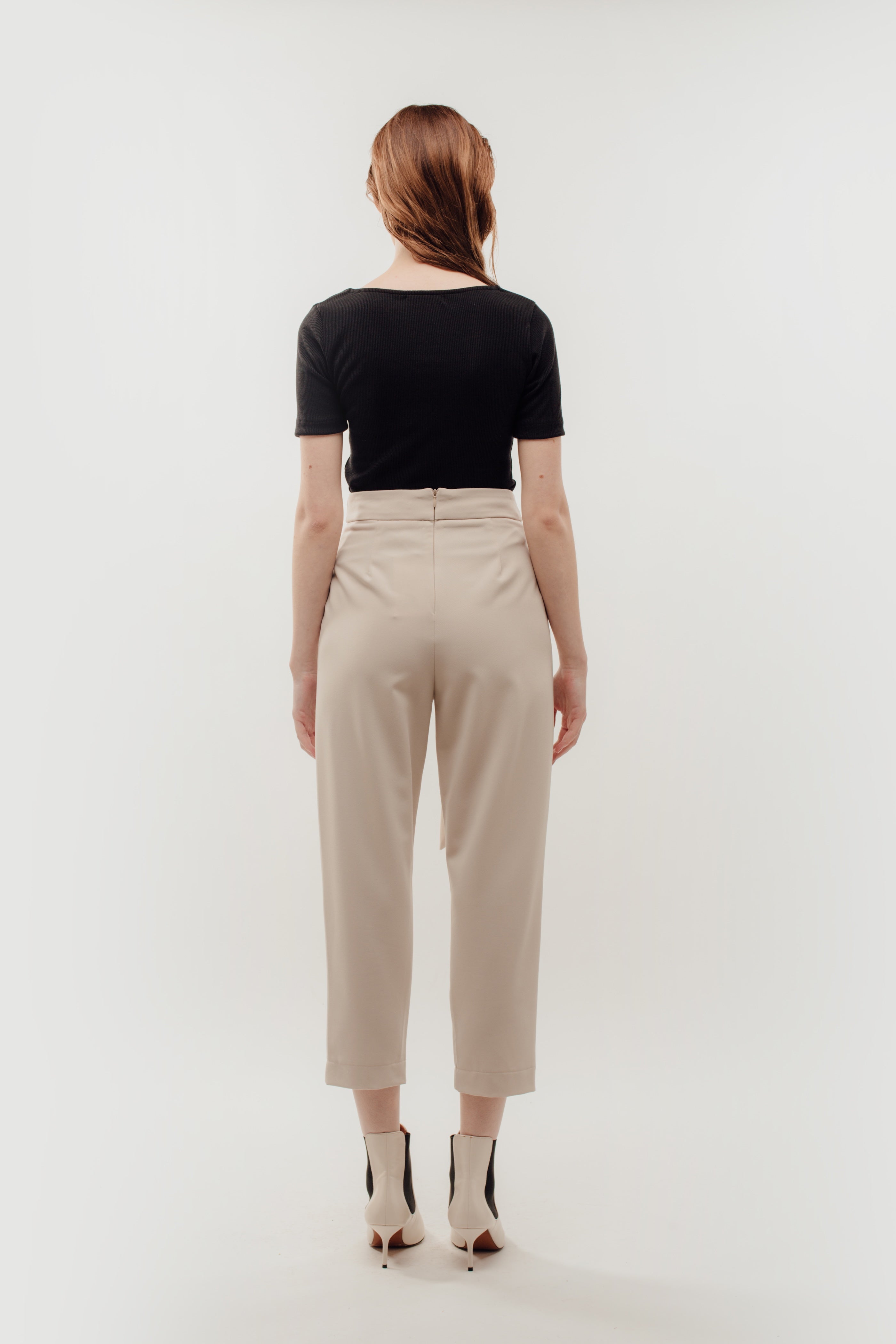High Waisted Trousers with Belt Tie in Beige (Sale)