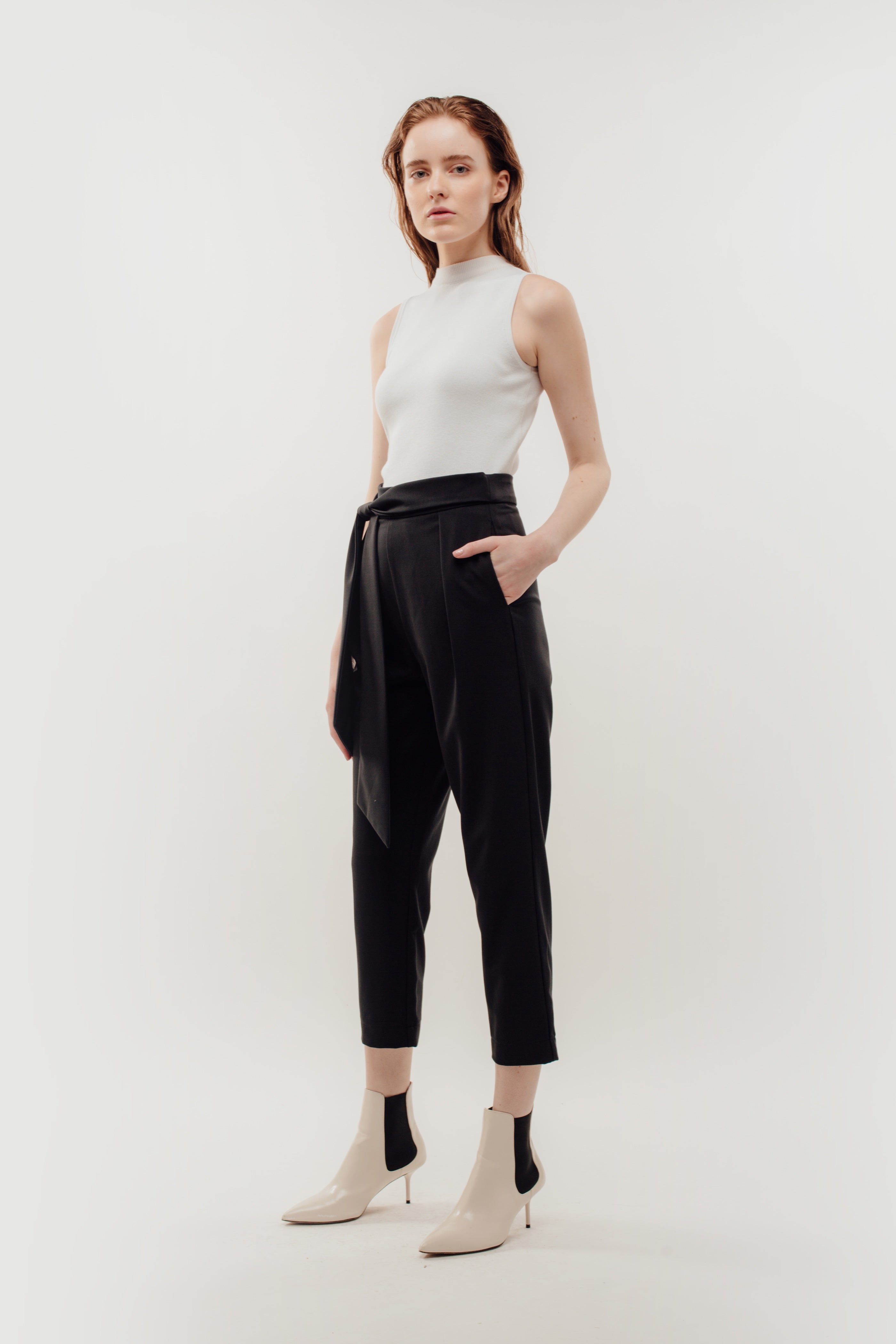 High Waisted Trousers with Belt Tie in Navy (Sale)