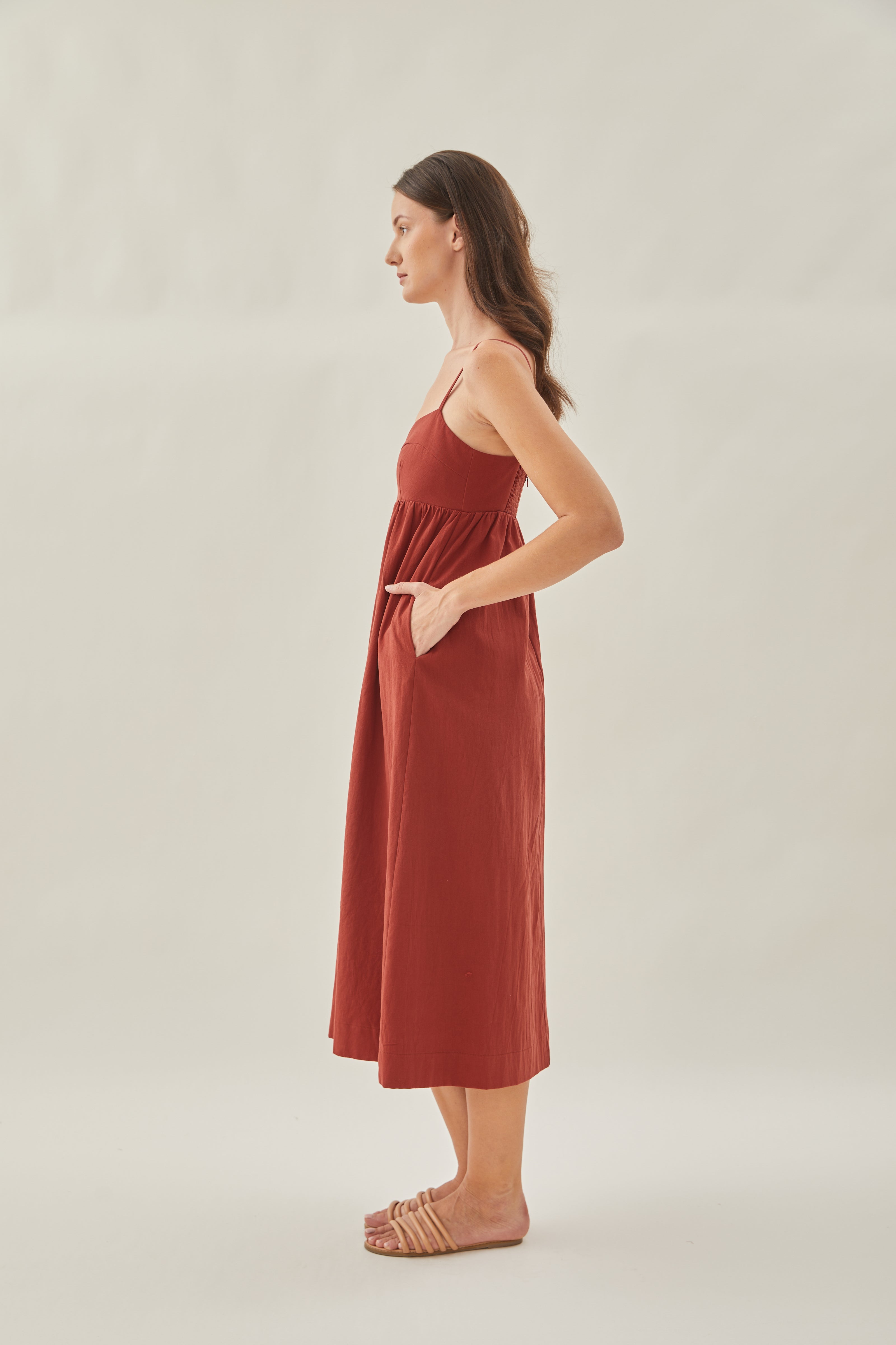 Bustier Gathered Midi Dress in Sienna