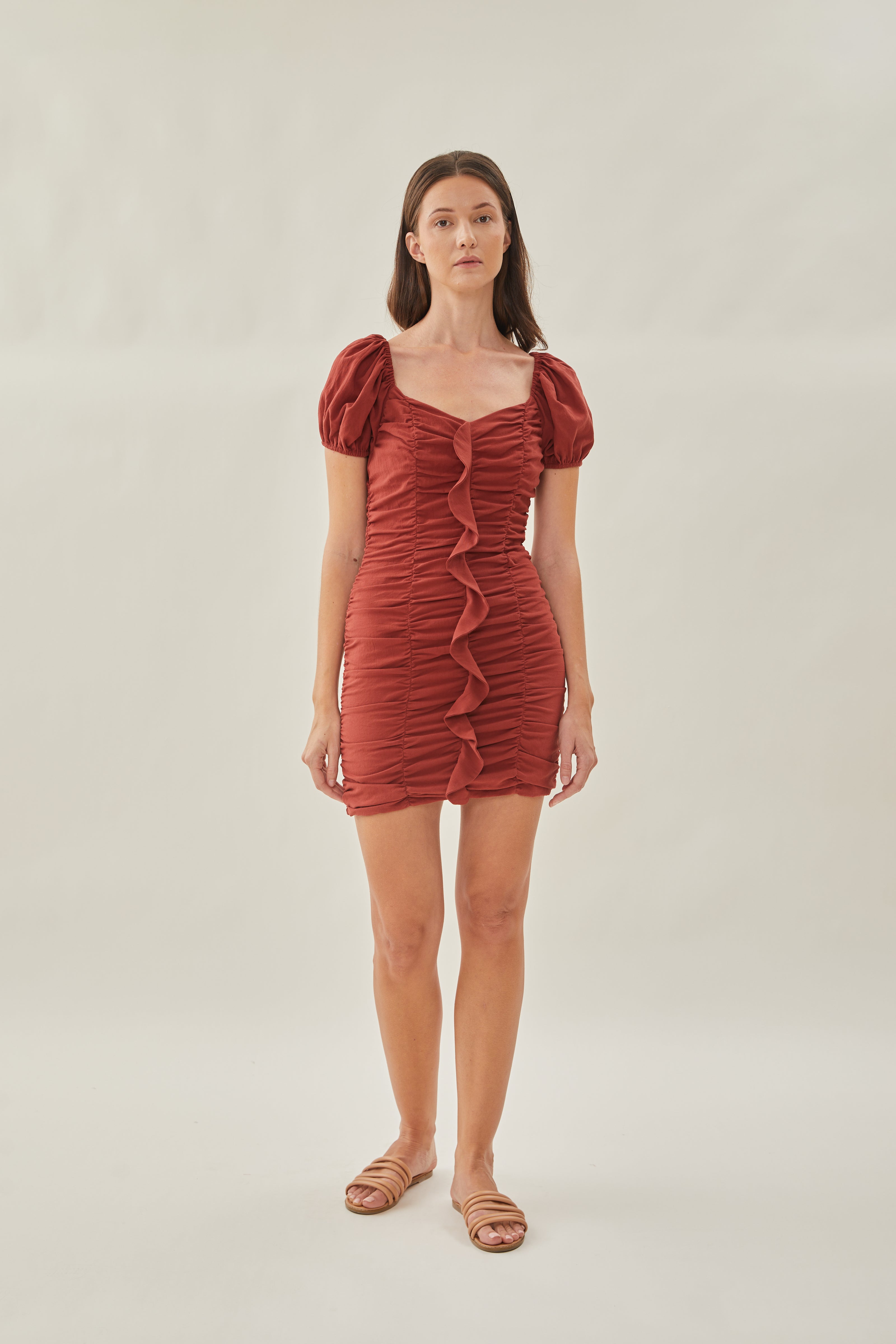 Ruched Mini Dress with Ruffles in Sienna