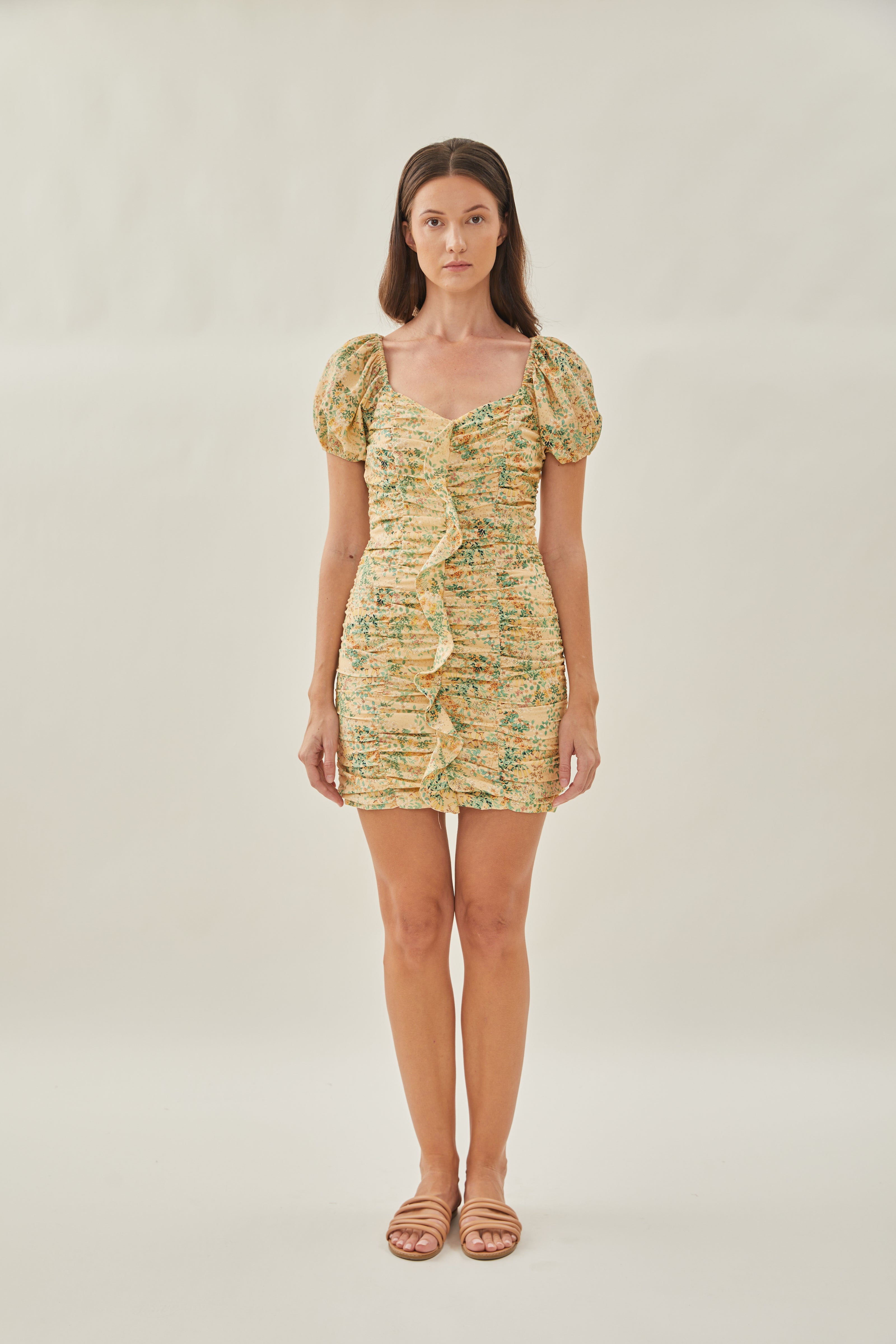 Ruched Mini Dress with Ruffles in Canary
